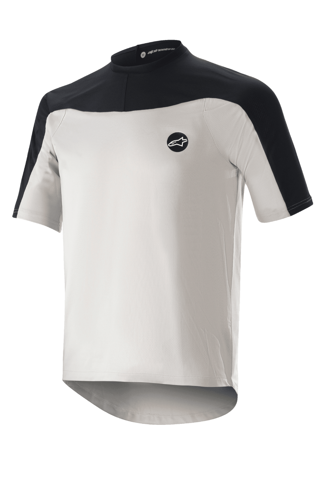 Alpinestars Drop Meta Jersey de manga corta, jersey de ciclismo de montaña, gris claro y negro, con una construcción de malla transpirable, canesú negro en los hombros, cuello redondo y parte trasera extendida para mayor cobertura.