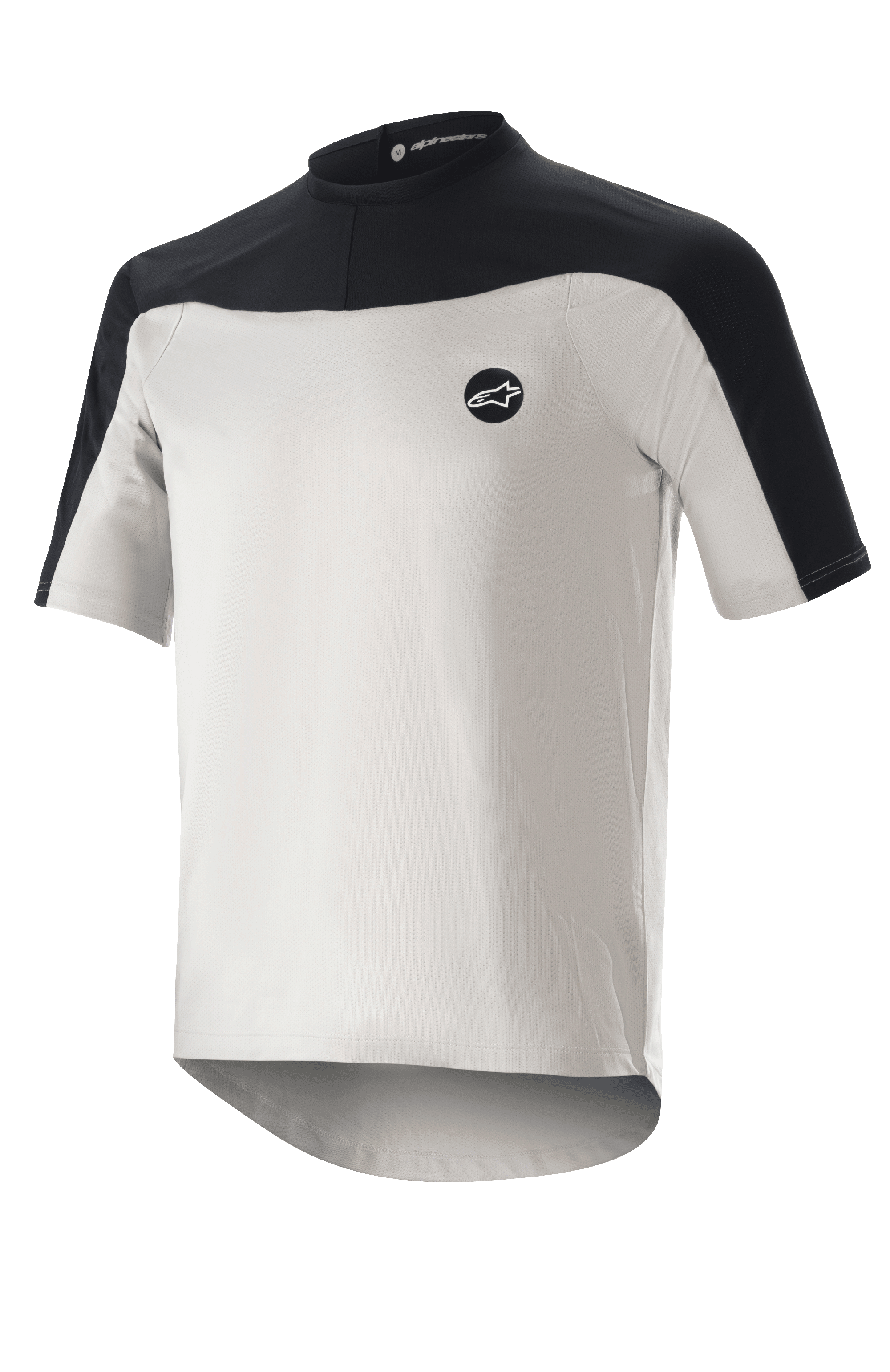 Alpinestars Drop Meta Jersey de manga corta, jersey de ciclismo de montaña, gris claro y negro, con una construcción de malla transpirable, canesú negro en los hombros, cuello redondo y parte trasera extendida para mayor cobertura.