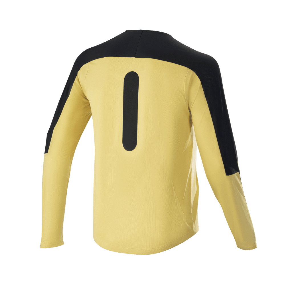 Alpinestars Drop Meta Jersey - Manga Larga, jersey de mountain bike, dorado y negro, vista trasera con paneles negros en los hombros y gráfico vertical, tejido de malla ligero con parte trasera extendida para ciclismo de montaña