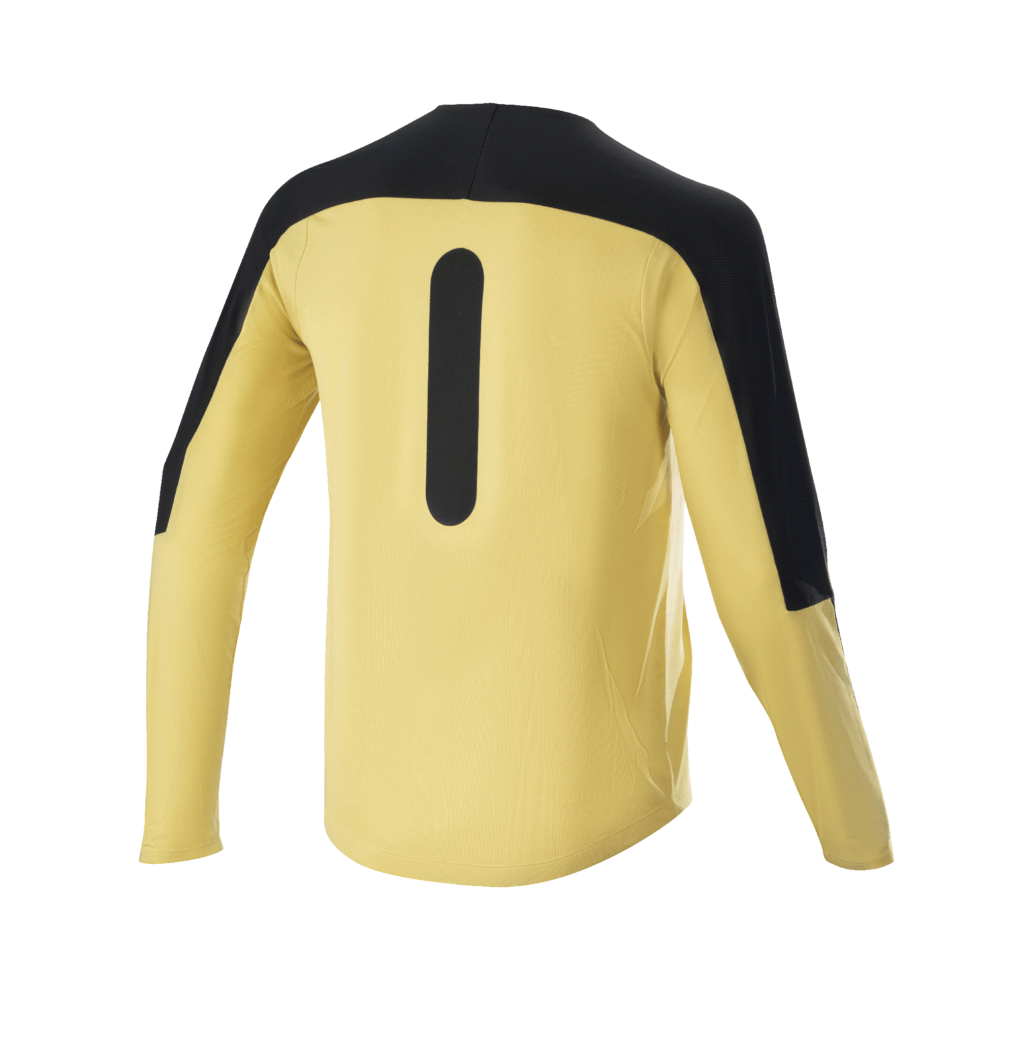 Alpinestars Drop Meta Jersey - Manga Larga, jersey de mountain bike, dorado y negro, vista trasera con paneles negros en los hombros y gráfico vertical, tejido de malla ligero con parte trasera extendida para ciclismo de montaña
