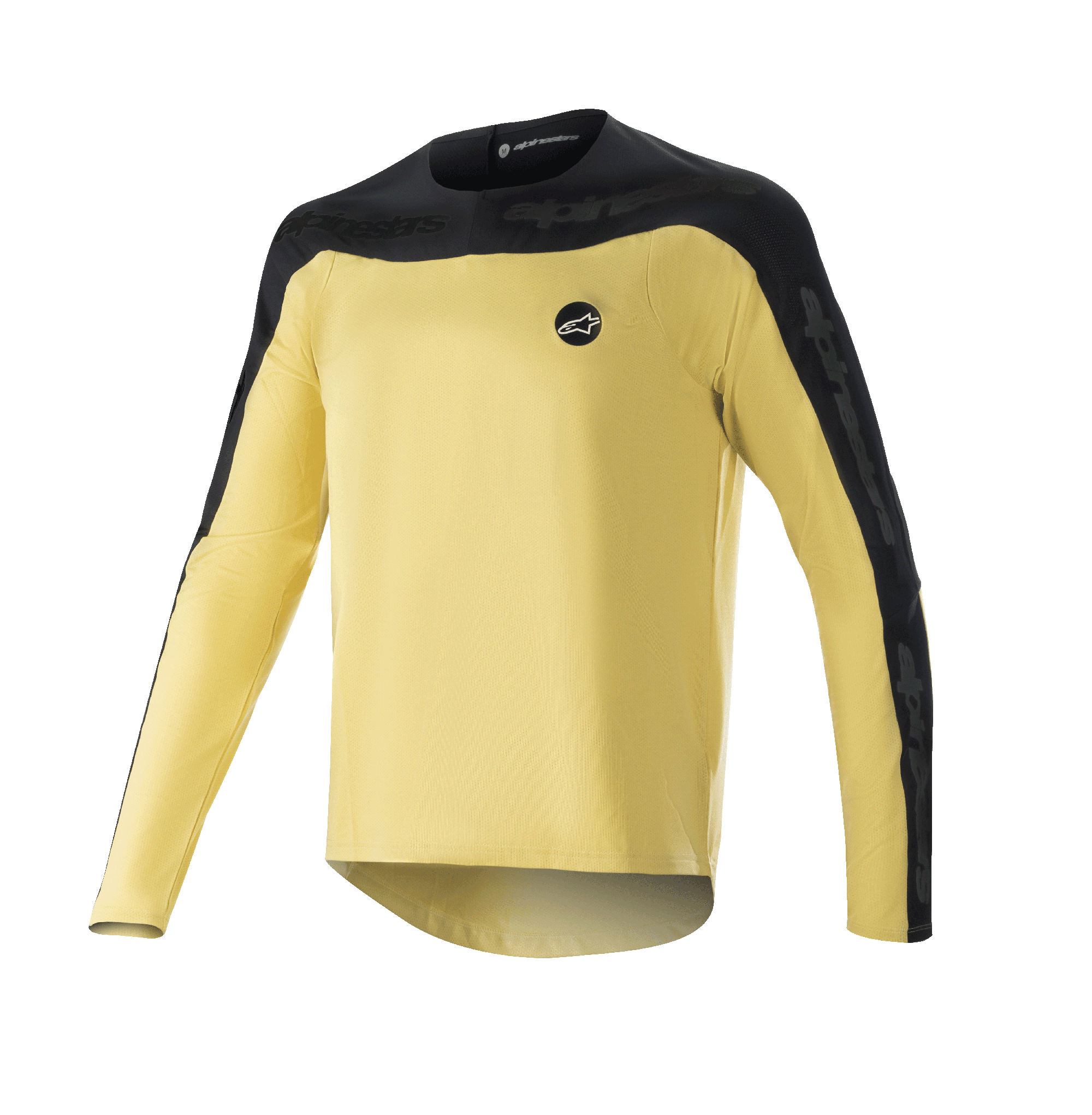 Alpinestars Drop Meta Long Sleeve Jersey, jersey de manga larga para MTB, dorado y negro, canesú de hombros y paneles en las mangas en negro, pequeño logo circular en el pecho, tejido de malla ligero y transpirable, dobladillo trasero extendido