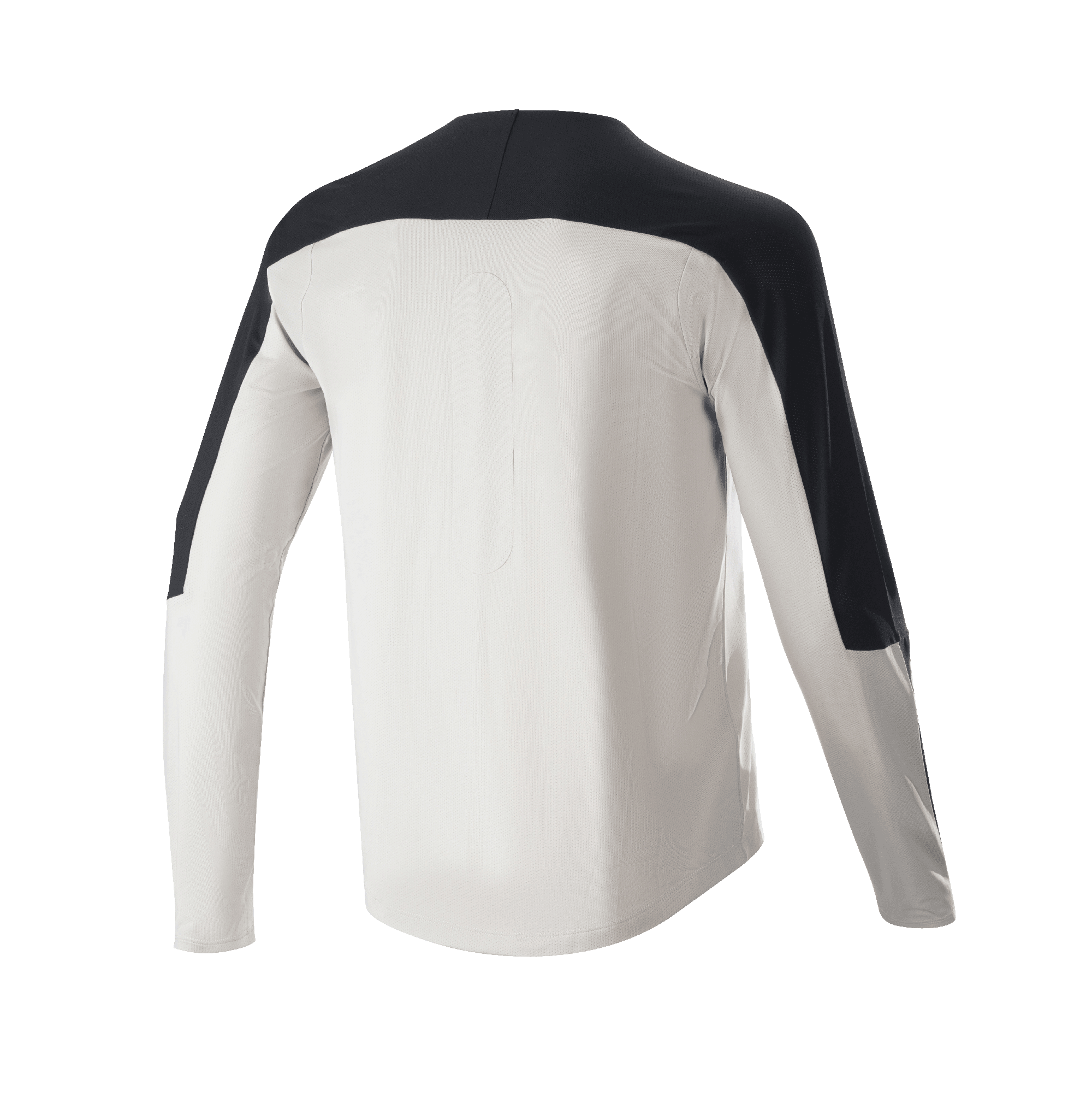 Alpinestars Drop Meta Jersey - Manga Larga, jersey de MTB, gris claro con detalles negros en hombros y mangas, vista posterior que muestra la parte trasera extendida, tejido de malla transpirable para ciclismo todoterreno