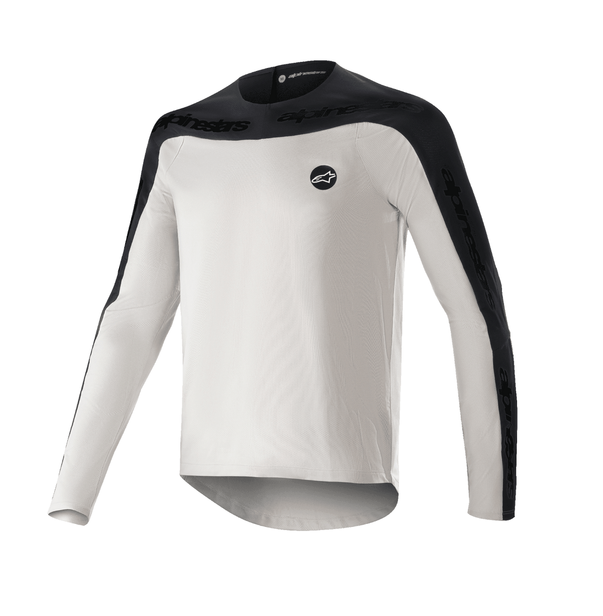 Alpinestars Drop Meta Jersey - Long Sleeve, MTB Mountain Bike Jersey, Light Gray and Black, featuring black shoulder yoke and outer sleeve panels with text branding, extended back hem for coverage, and circular logo on the left chest