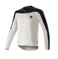 Alpinestars Drop Meta Jersey - Manga Larga, camiseta de MTB para ciclismo de montaña, gris claro y negro, con canesú negro en los hombros y paneles exteriores en las mangas con marca de texto, dobladillo trasero extendido para mayor cobertura y logo circular en el pecho izquierdo