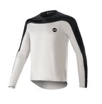 Alpinestars Drop Meta Jersey - Manga Larga, camiseta de MTB para ciclismo de montaña, gris claro y negro, con canesú negro en los hombros y paneles exteriores en las mangas con marca de texto, dobladillo trasero extendido para mayor cobertura y logo circular en el pecho izquierdo