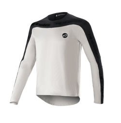 Alpinestars Drop Meta Jersey - Long Sleeve, MTB Mountain Bike Jersey, Light Gray and Black, featuring black shoulder yoke and outer sleeve panels with text branding, extended back hem for coverage, and circular logo on the left chest