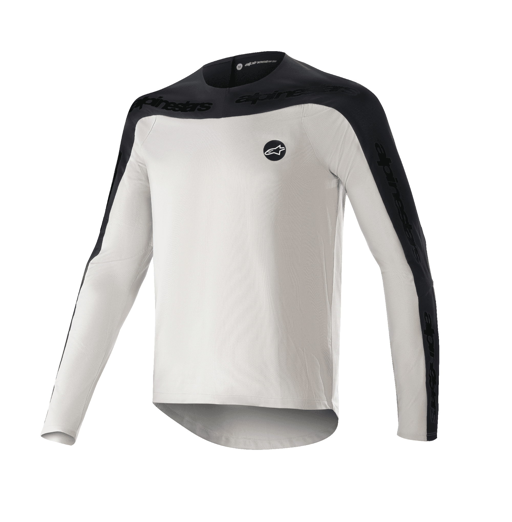 Alpinestars Drop Meta Jersey - Manga Larga, camiseta de MTB para ciclismo de montaña, gris claro y negro, con canesú negro en los hombros y paneles exteriores en las mangas con marca de texto, dobladillo trasero extendido para mayor cobertura y logo circular en el pecho izquierdo