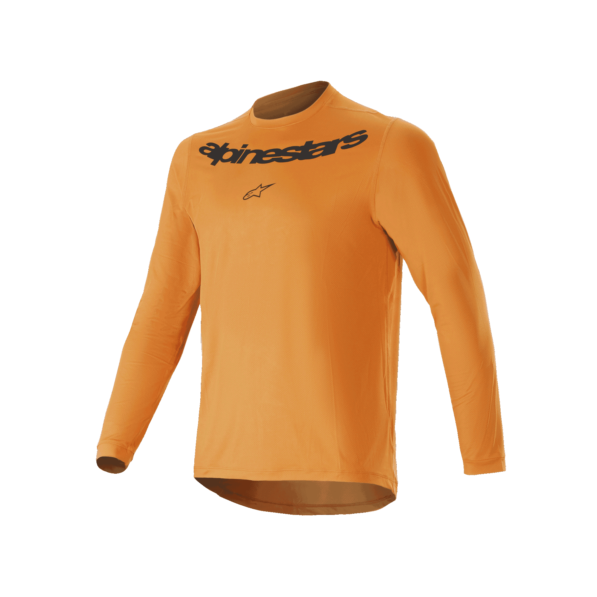 Alpinestars A-Dura Rocker Long Sleeve Jersey, jersey de ciclismo de montaña en color oro oscuro, con logotipo Alpinestars serigrafiado en negro en el pecho, tejido jacquard ligero con diseño de parte trasera más larga, ropa técnica de alto rendimiento para ciclismo