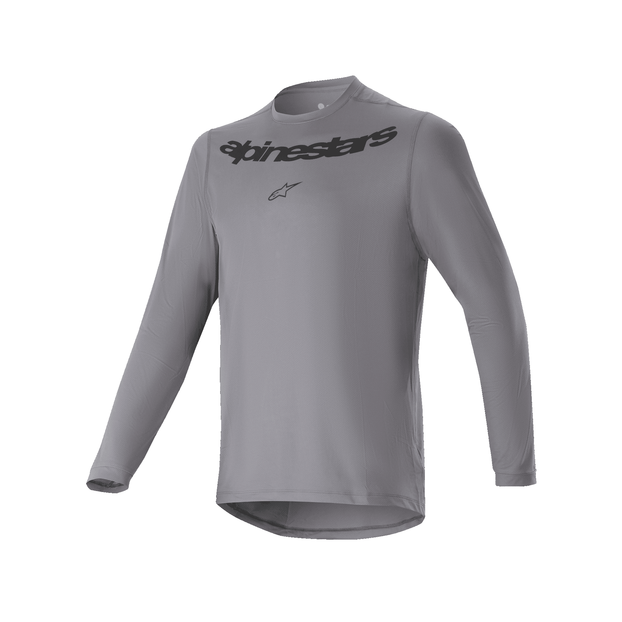 Alpinestars A-Dura Rocker Long Sleeve Jersey, jersey de ciclismo MTB, gris oscuro, con la marca denominativa Alpinestars y el logotipo de la estrella en negro en el pecho, parte trasera más larga, equipamiento de ciclismo de alto rendimiento para bicicleta de montaña