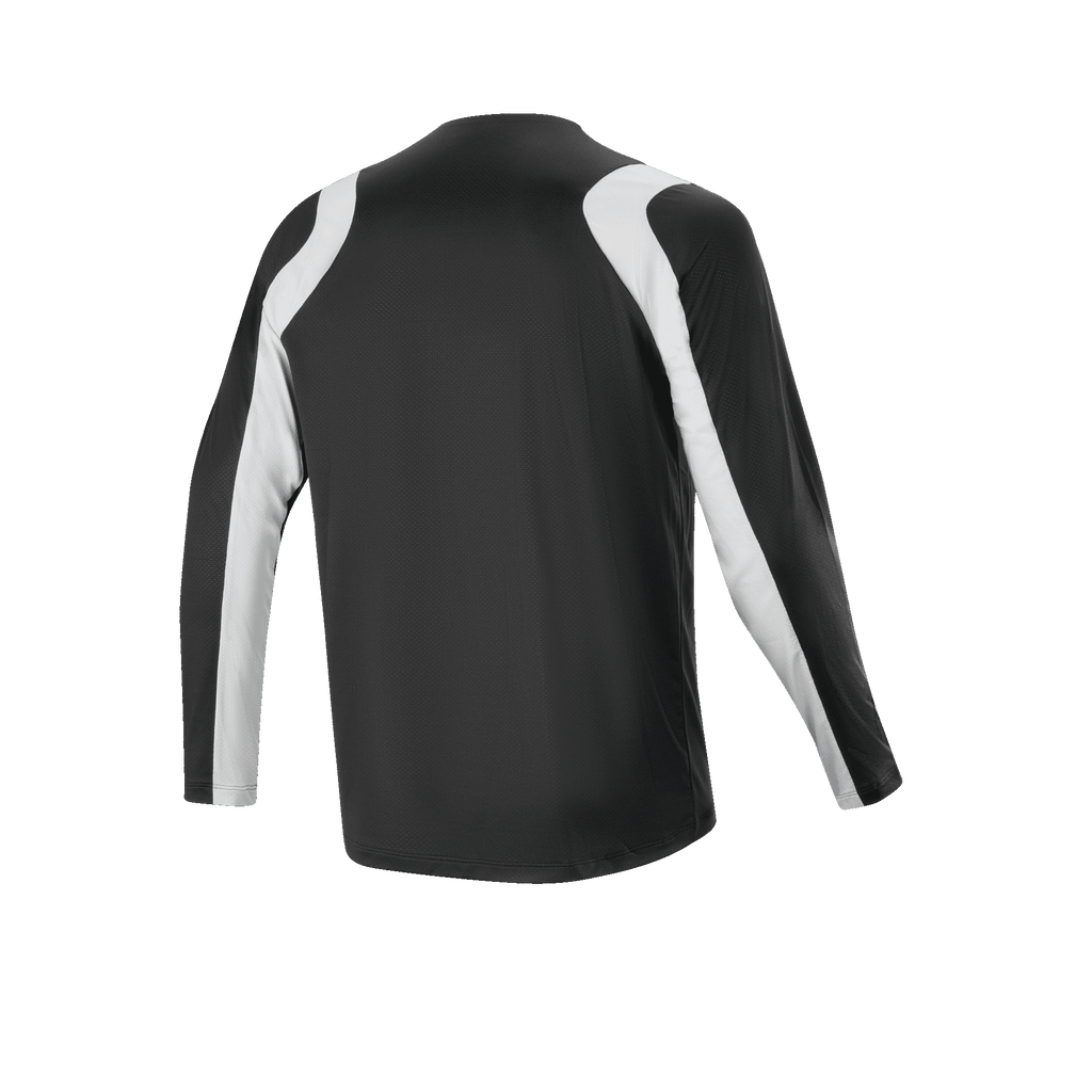 Jersey Alpinestars A-Supra Oscar de manga larga, negro, vista trasera, con paneles blancos curvos en hombros y mangas, ropa de ciclismo MTB ligera y transpirable