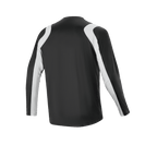 Jersey Alpinestars A-Supra Oscar de manga larga, negro, vista trasera, con paneles blancos curvos en hombros y mangas, ropa de ciclismo MTB ligera y transpirable