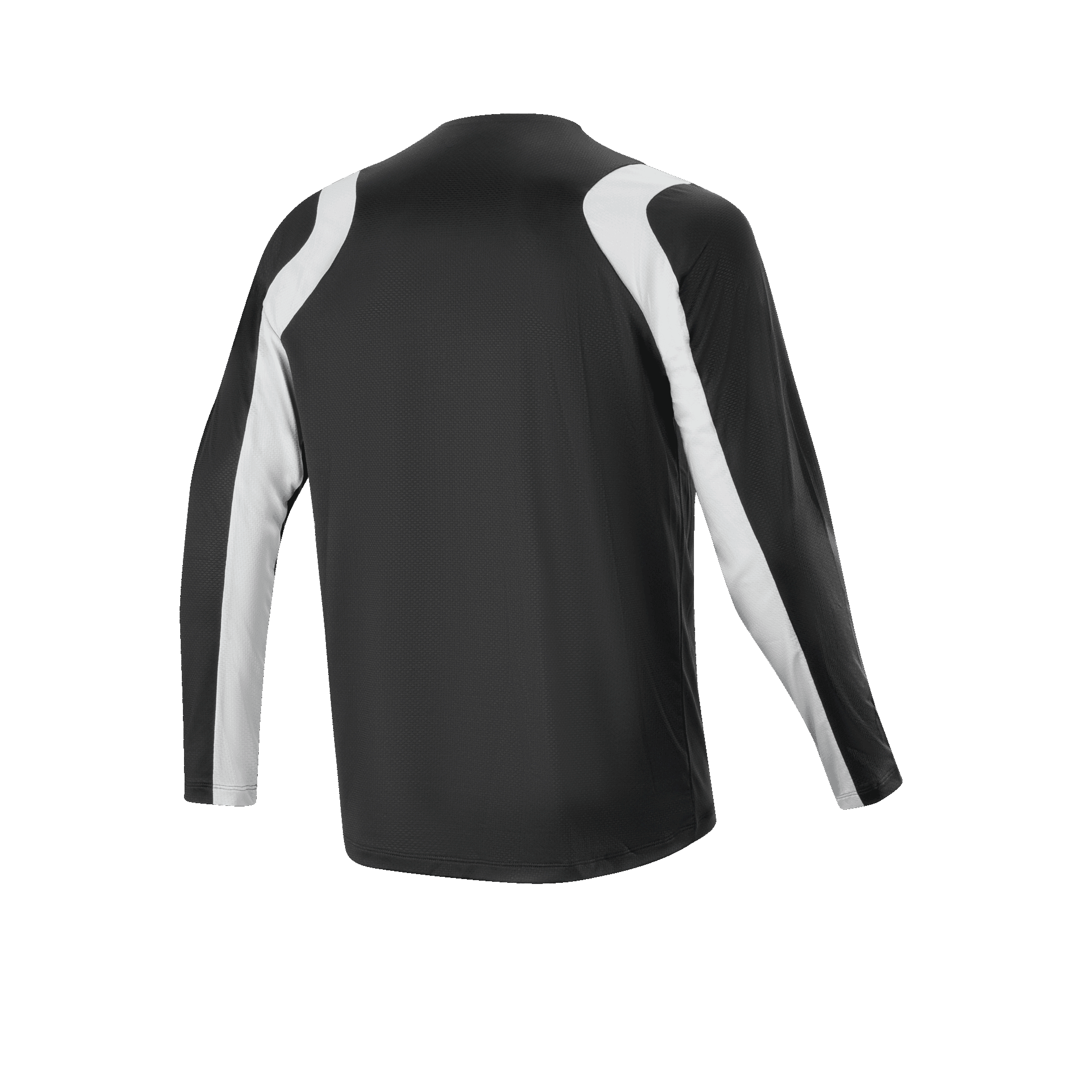 Jersey Alpinestars A-Supra Oscar de manga larga, negro, vista trasera, con paneles blancos curvos en hombros y mangas, ropa de ciclismo MTB ligera y transpirable