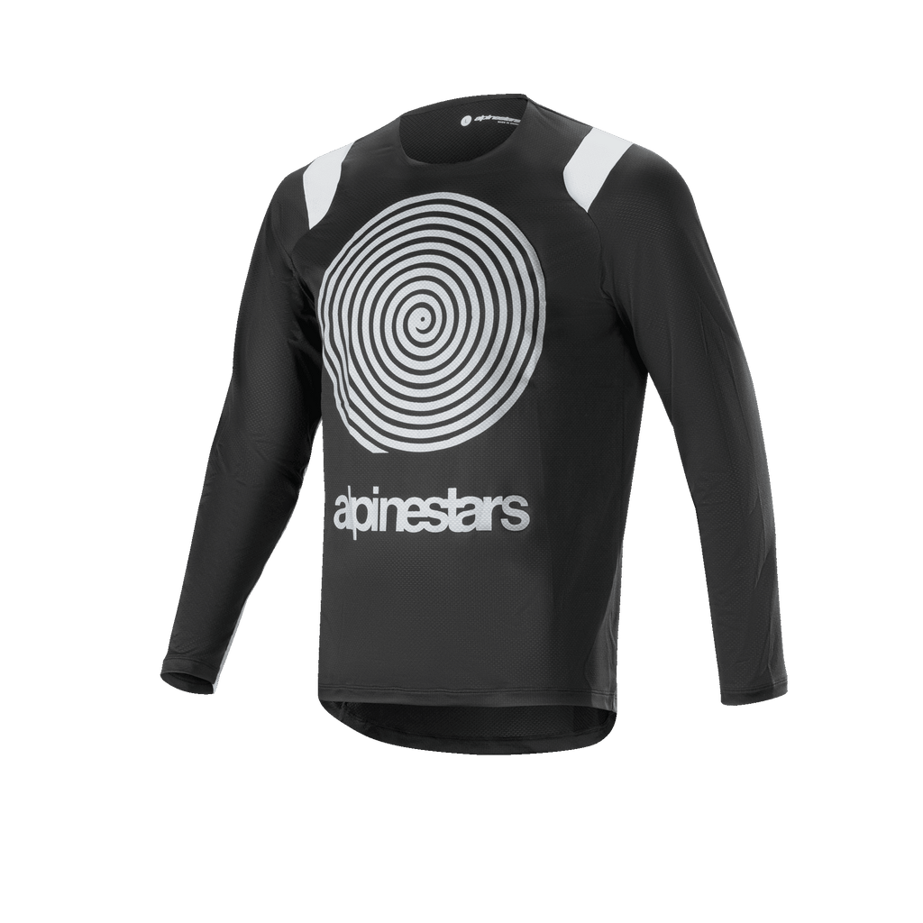 Jersey de manga larga Alpinestars A-Supra Oscar, jersey de ciclismo negro con un gran gráfico blanco en espiral Oscar en el pecho, detalles blancos en los hombros y logotipo de Alpinestars, ligero y transpirable para MTB de gravedad