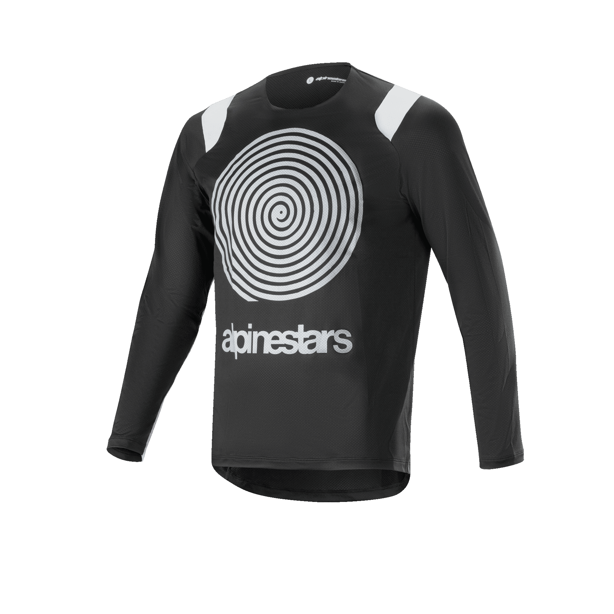 Jersey de manga larga Alpinestars A-Supra Oscar, jersey de ciclismo negro con un gran gráfico blanco en espiral Oscar en el pecho, detalles blancos en los hombros y logotipo de Alpinestars, ligero y transpirable para MTB de gravedad