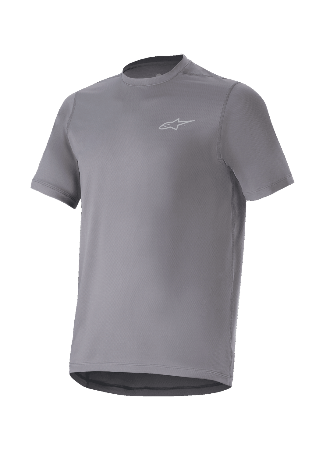 Alpinestars A-Dura Astar Jersey, camiseta de manga corta para ciclismo de montaña, gris oscuro con un pequeño logotipo plateado en el pecho, cuello redondo y parte trasera extendida, tejido técnico transpirable para rutas de MTB