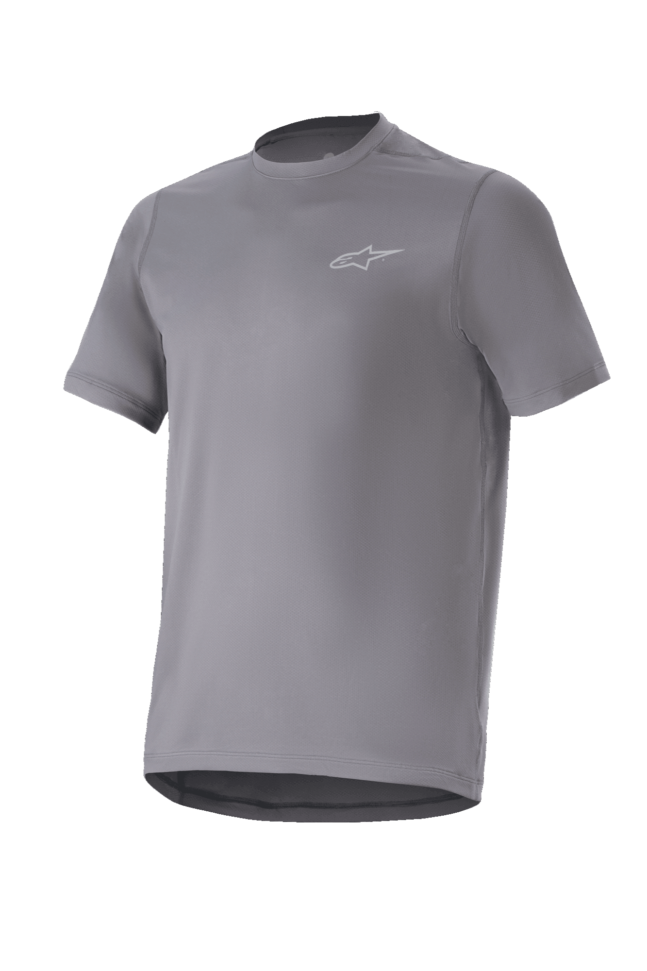 Alpinestars A-Dura Astar Jersey, camiseta de manga corta para ciclismo de montaña, gris oscuro con un pequeño logotipo plateado en el pecho, cuello redondo y parte trasera extendida, tejido técnico transpirable para rutas de MTB