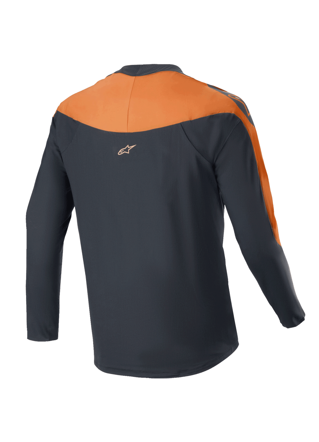Alpinestars A-Supra Race Jersey de manga larga, camiseta de MTB en color negro y naranja, vista posterior con paneles naranjas en hombros y mangas, pequeño logo de Alpinestars en la parte superior de la espalda y diseño de cola caída para mayor cobertura en ciclismo