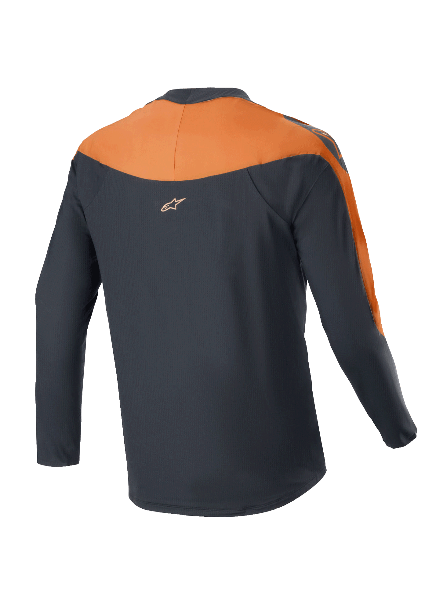 Alpinestars A-Supra Race Jersey de manga larga, camiseta de MTB en color negro y naranja, vista posterior con paneles naranjas en hombros y mangas, pequeño logo de Alpinestars en la parte superior de la espalda y diseño de cola caída para mayor cobertura en ciclismo