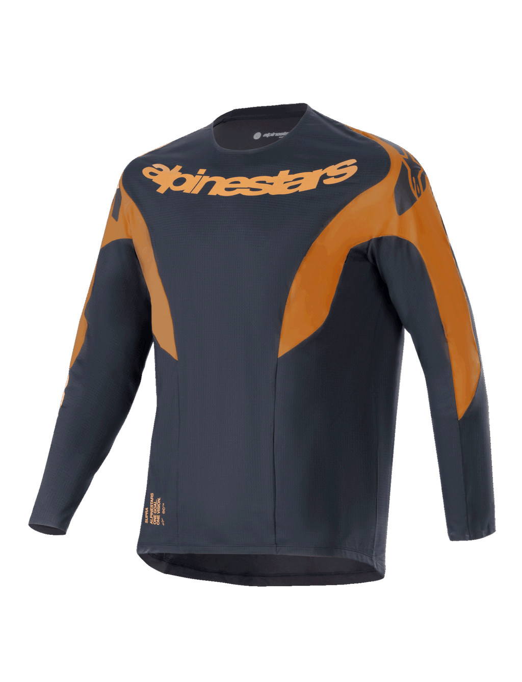 Alpinestars A-Supra Race Jersey, jersey de MTB de manga larga, negro con detalles en naranja, con el logotipo de Alpinestars en el pecho y los hombros, tejido de poliéster microperforado y diseño inspirado en las carreras