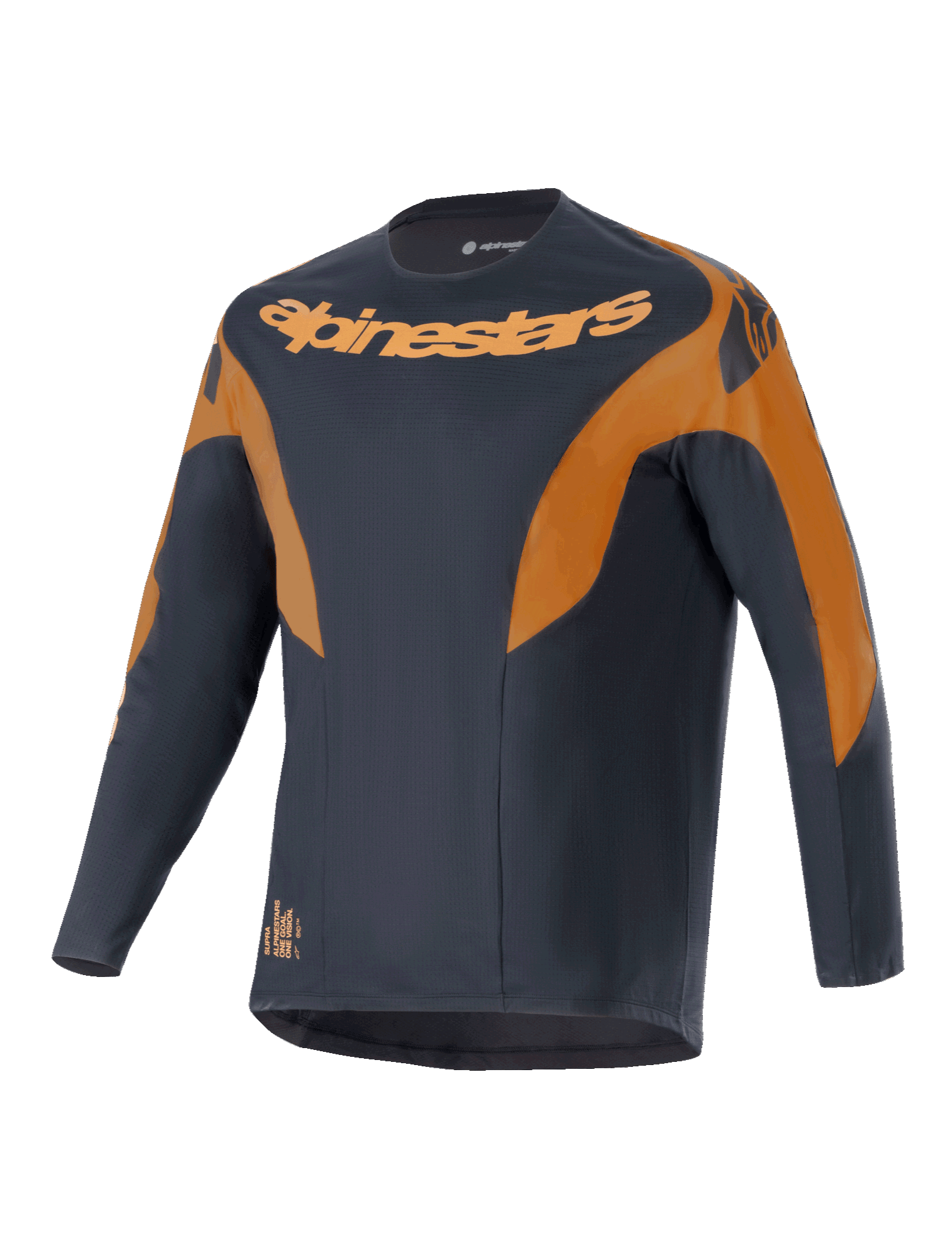 Alpinestars A-Supra Race Jersey, jersey de MTB de manga larga, negro con detalles en naranja, con el logotipo de Alpinestars en el pecho y los hombros, tejido de poliéster microperforado y diseño inspirado en las carreras