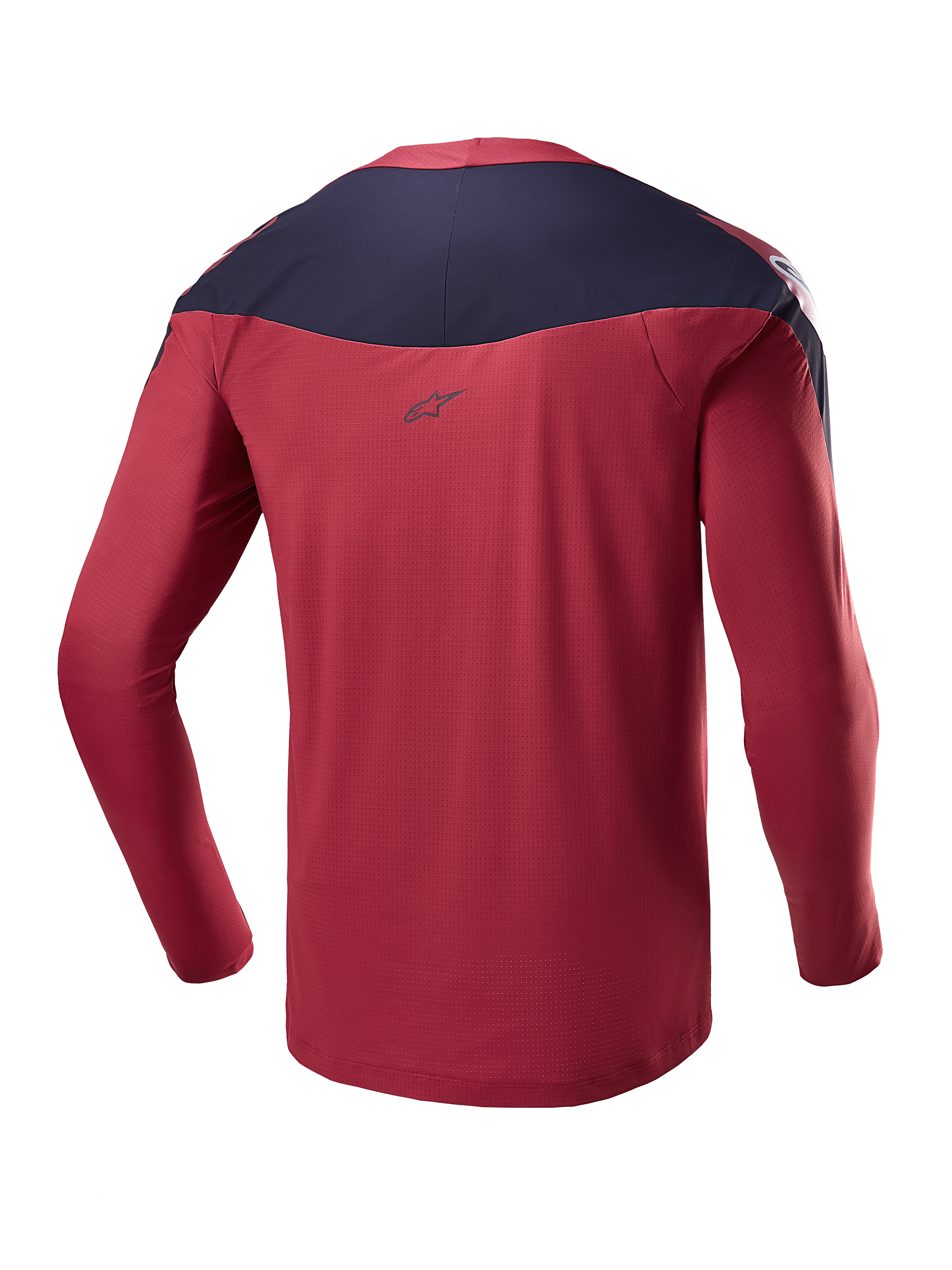 Jersey Alpinestars A-Supra Race - Manga Larga, granate y azul marino, vista trasera que muestra el tejido técnico microperforado, panel oscuro en los hombros con logotipo, equipamiento de MTB de alto rendimiento