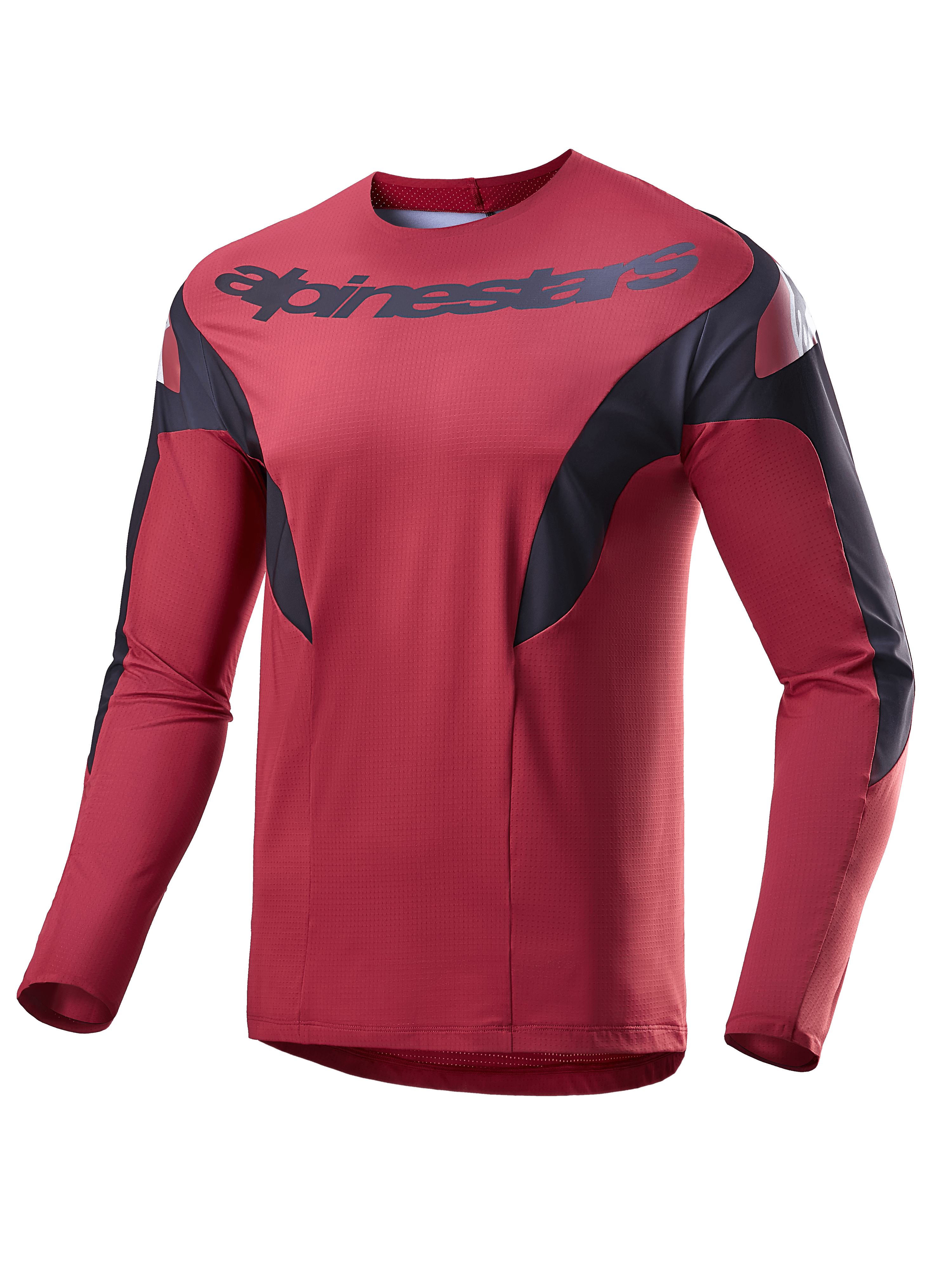 Alpinestars A-Supra Race Jersey, jersey de MTB de manga larga, color granate con paneles laterales negros y detalles blancos, con el logotipo de Alpinestars en el pecho, tejido microperforado ligero para competición de ciclismo de montaña