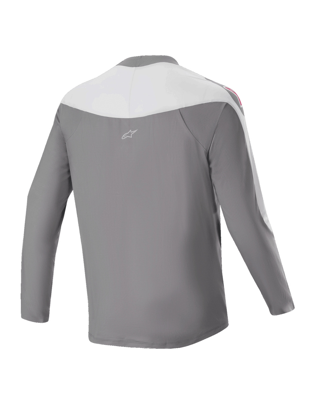 Alpinestars A-Supra Race Jersey de manga larga, jersey de MTB, gris oscuro y blanco, vista posterior con un pequeño logo de estrella, gráficos rojos en los hombros y ajuste de rendimiento para carreras off-road