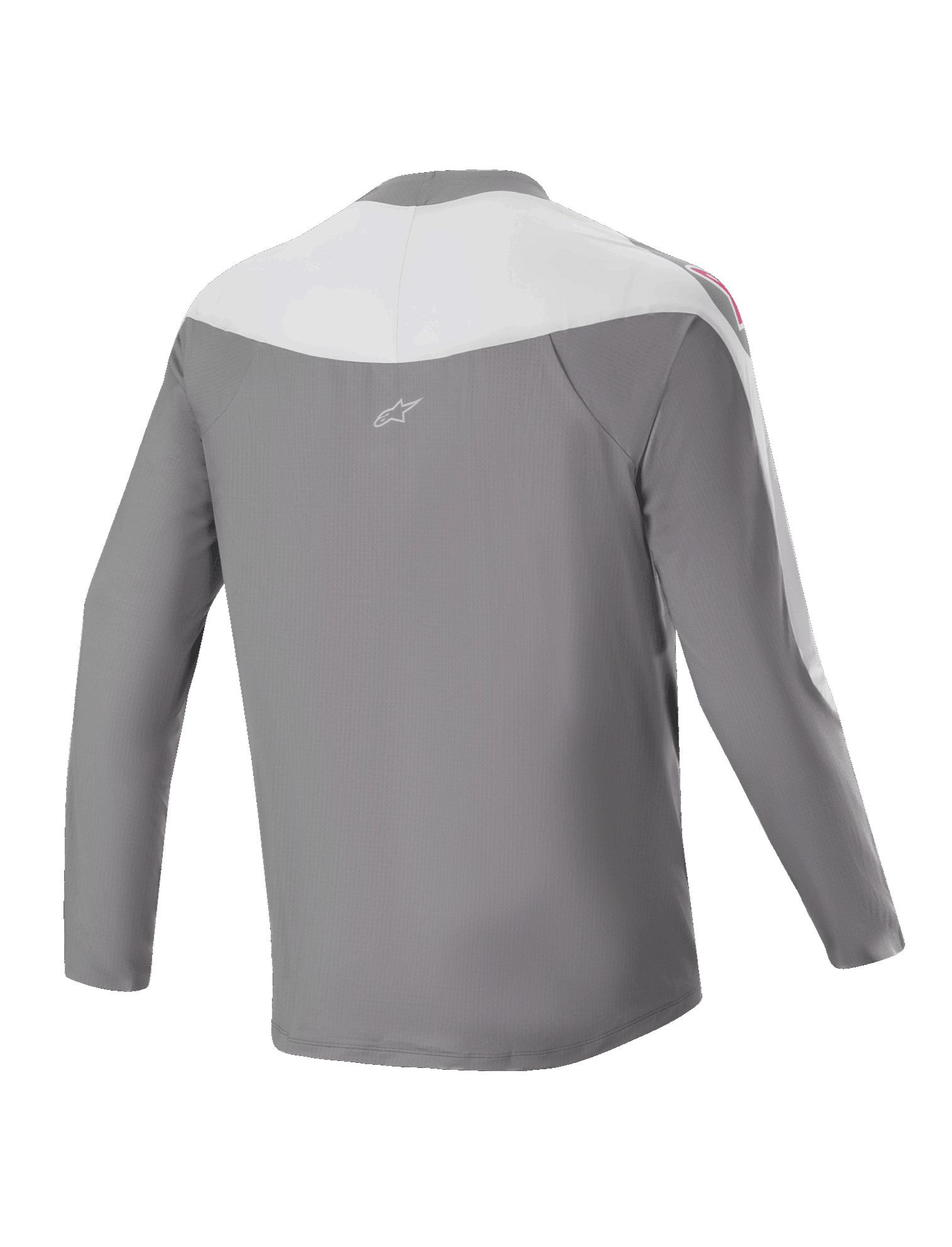 Alpinestars A-Supra Race Jersey de manga larga, jersey de MTB, gris oscuro y blanco, vista posterior con un pequeño logo de estrella, gráficos rojos en los hombros y ajuste de rendimiento para carreras off-road