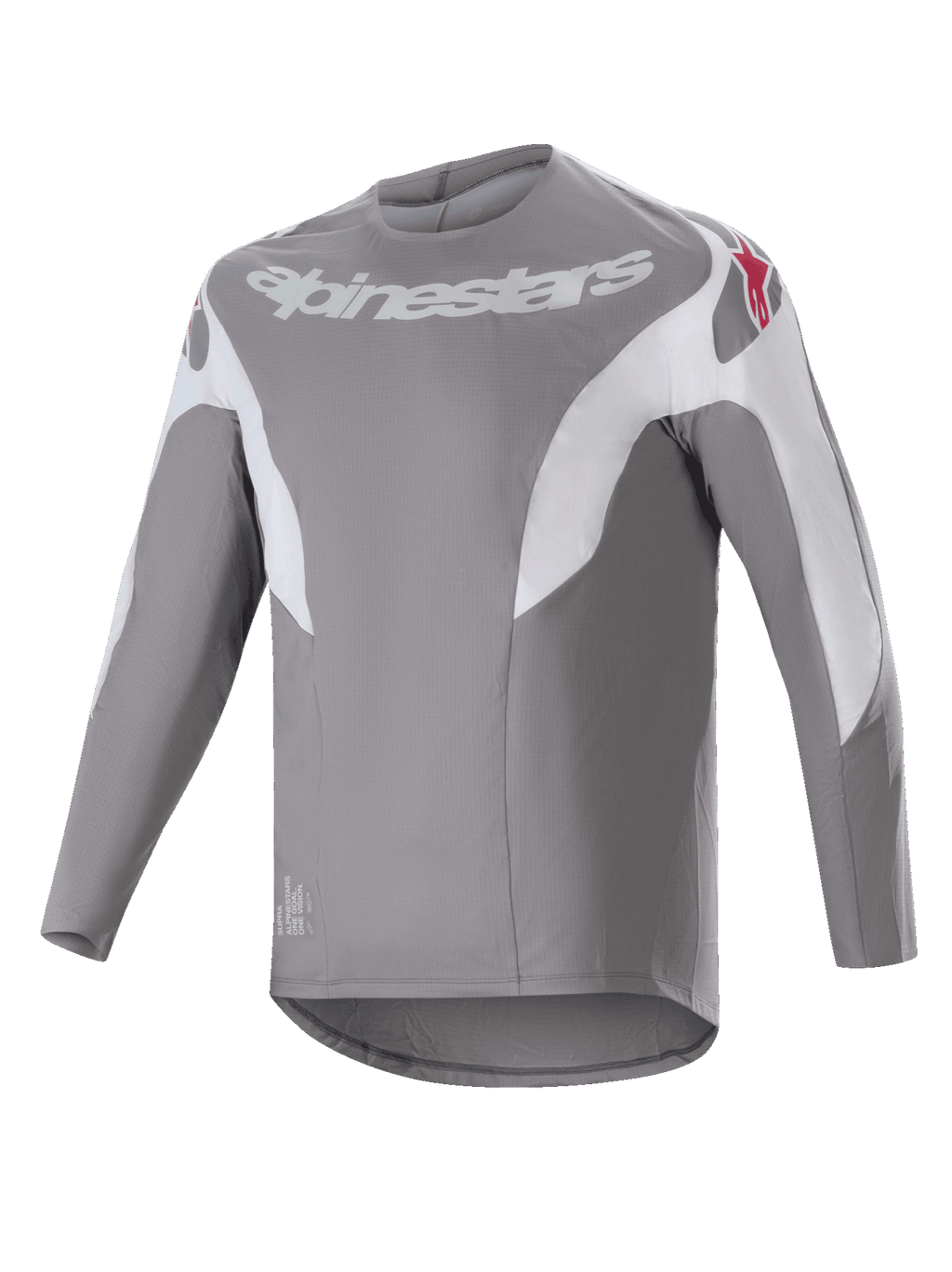 Alpinestars A-Supra Race Jersey, jersey de MTB de manga larga, gris oscuro con paneles blancos, con el logotipo de Alpinestars blanco en el pecho y logotipos de estrellas rojas en los hombros, tejido técnico microperforado con diseño de cola caída para ciclismo de montaña