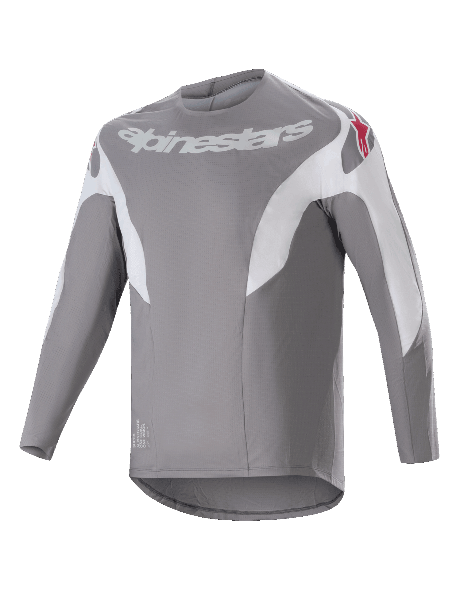 Alpinestars A-Supra Race Jersey, jersey de MTB de manga larga, gris oscuro con paneles blancos, con el logotipo de Alpinestars blanco en el pecho y logotipos de estrellas rojas en los hombros, tejido técnico microperforado con diseño de cola caída para ciclismo de montaña