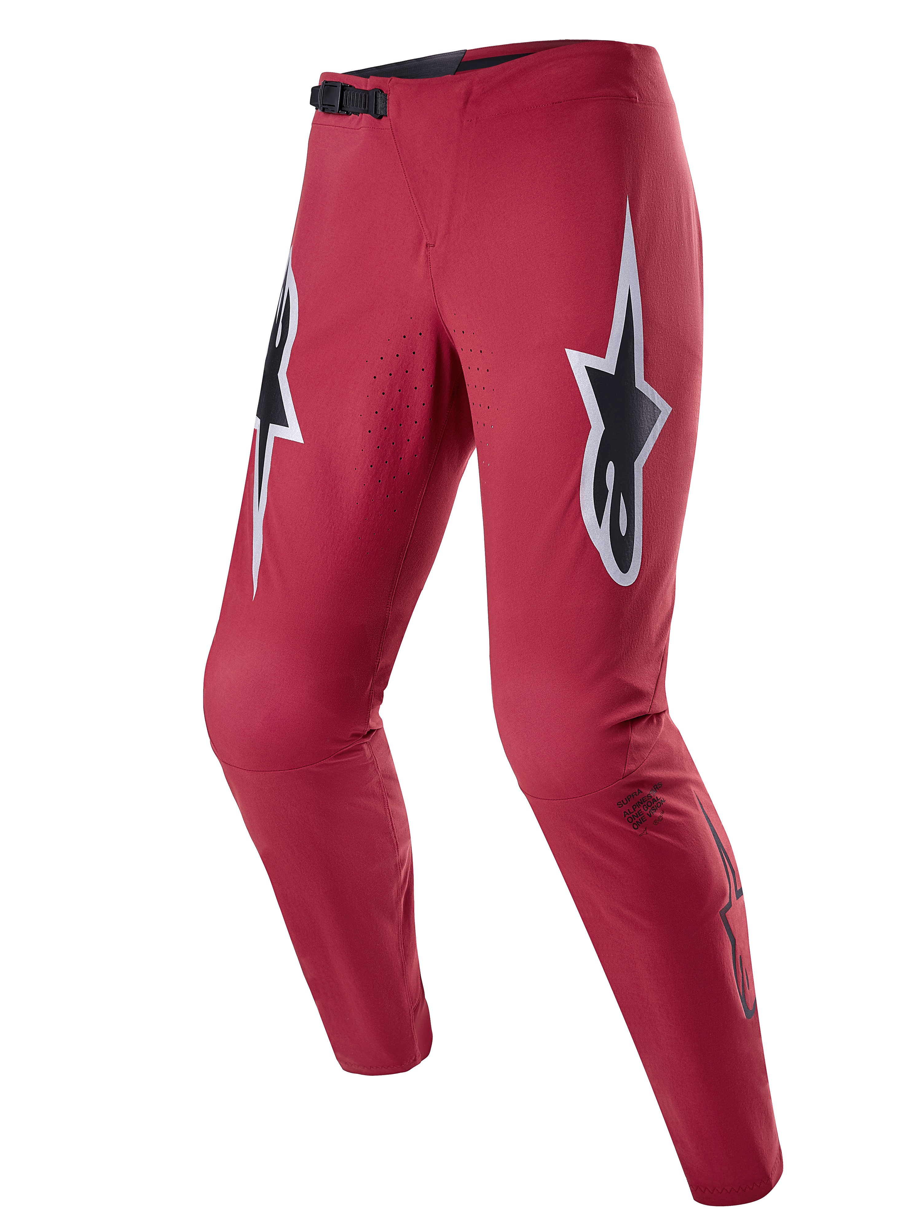 Alpinestars A-Supra Race Pants, pantalones de carreras para MTB, color borgoña con grandes logotipos de estrellas blancas y negras en los muslos, con ventilación perforada por láser, cierre de trinquete negro en la cintura y un ajuste de rendimiento entallado para el ciclismo de montaña