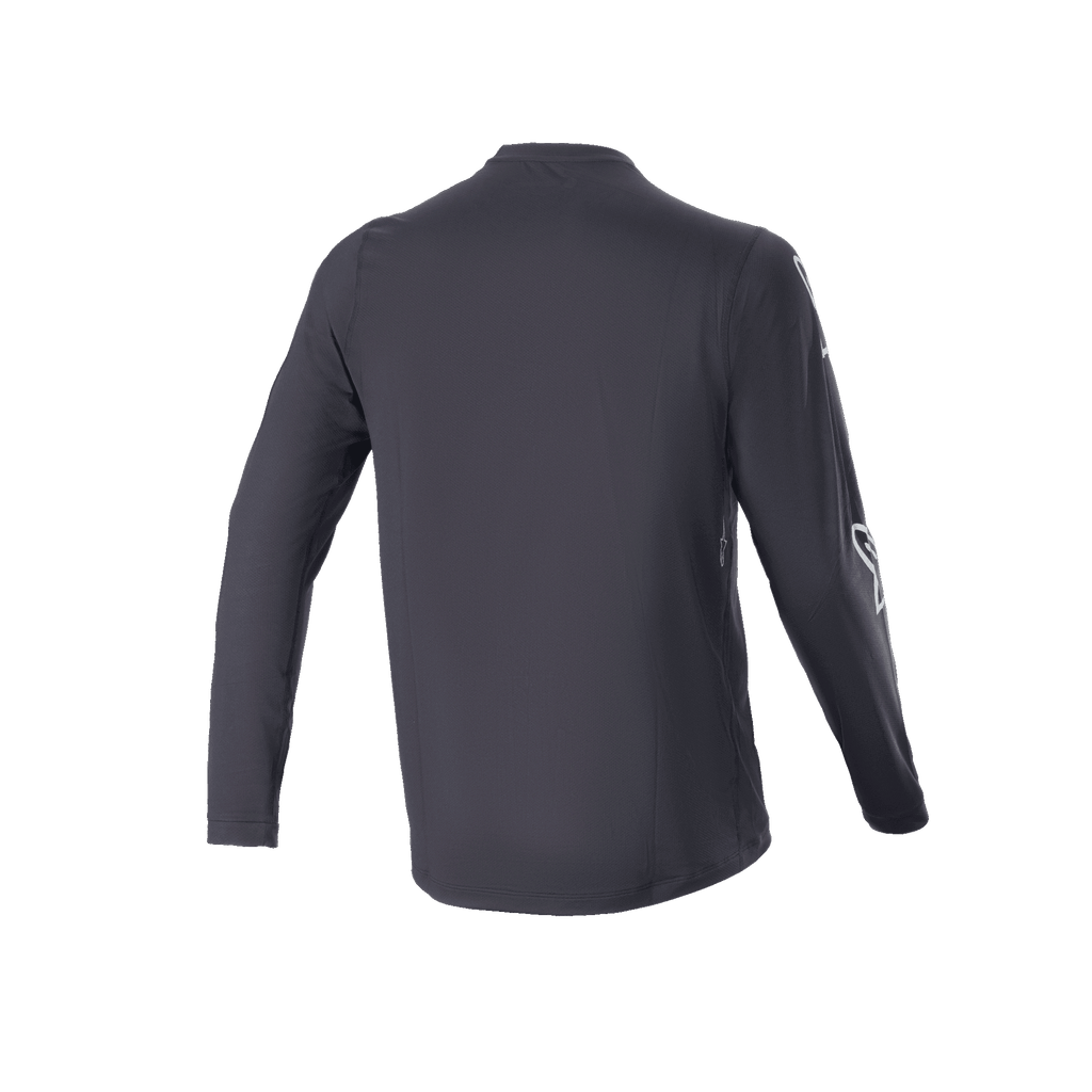 Jersey de manga larga Alpinestars A-Dura Switch, negro, vista posterior, con diseño de cola caída y logotipo sutil en la manga, jersey ligero para ciclismo de montaña MTB