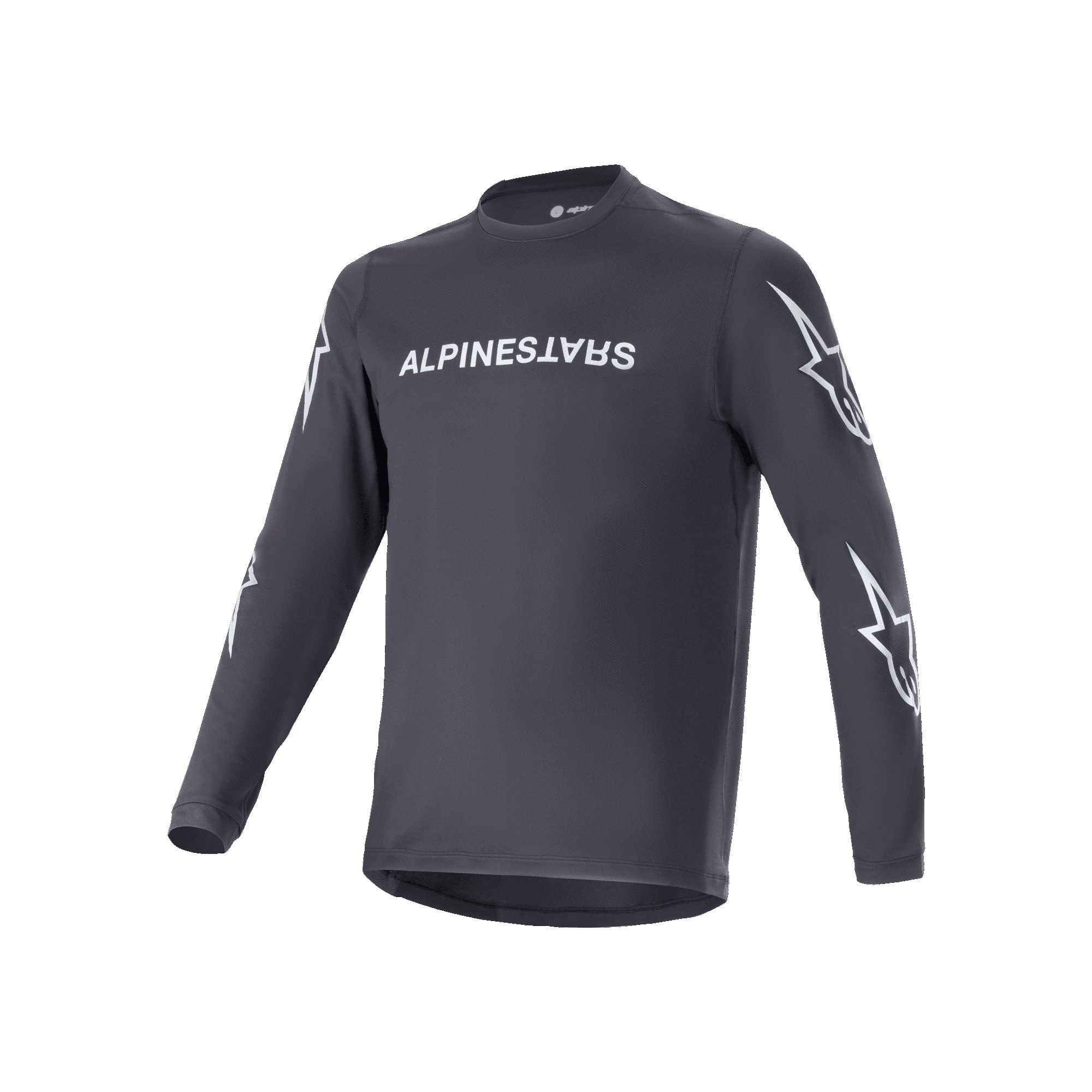 Jersey de manga larga Alpinestars A-Dura Switch, negro, logotipo de Alpinestars blanco en el pecho y estrellas en las mangas, tejido técnico ligero, ropa de ciclismo MTB