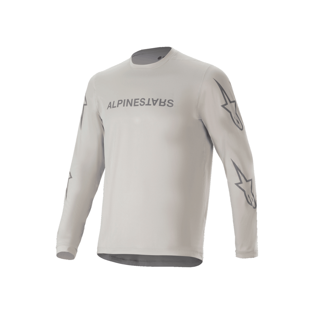 Alpinestars A-Dura Switch Long Sleeve Jersey, jersey de ciclismo de montaña gris claro, con logotipo en el pecho y logos de estrella en las mangas, ropa de ciclismo de alto rendimiento para trail