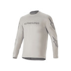 Alpinestars A-Dura Switch Long Sleeve Jersey, jersey de ciclismo de montaña gris claro, con logotipo en el pecho y logos de estrella en las mangas, ropa de ciclismo de alto rendimiento para trail