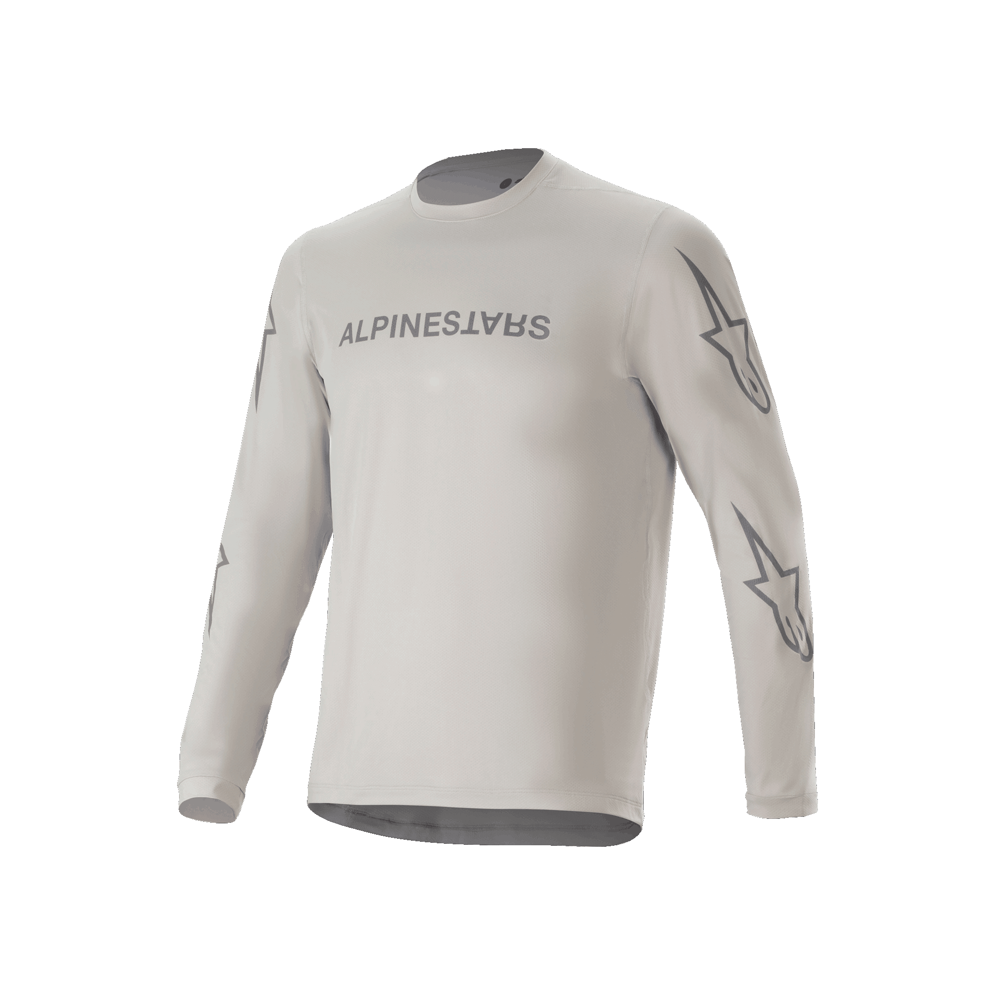 Alpinestars A-Dura Switch Long Sleeve Jersey, jersey de ciclismo de montaña gris claro, con logotipo en el pecho y logos de estrella en las mangas, ropa de ciclismo de alto rendimiento para trail