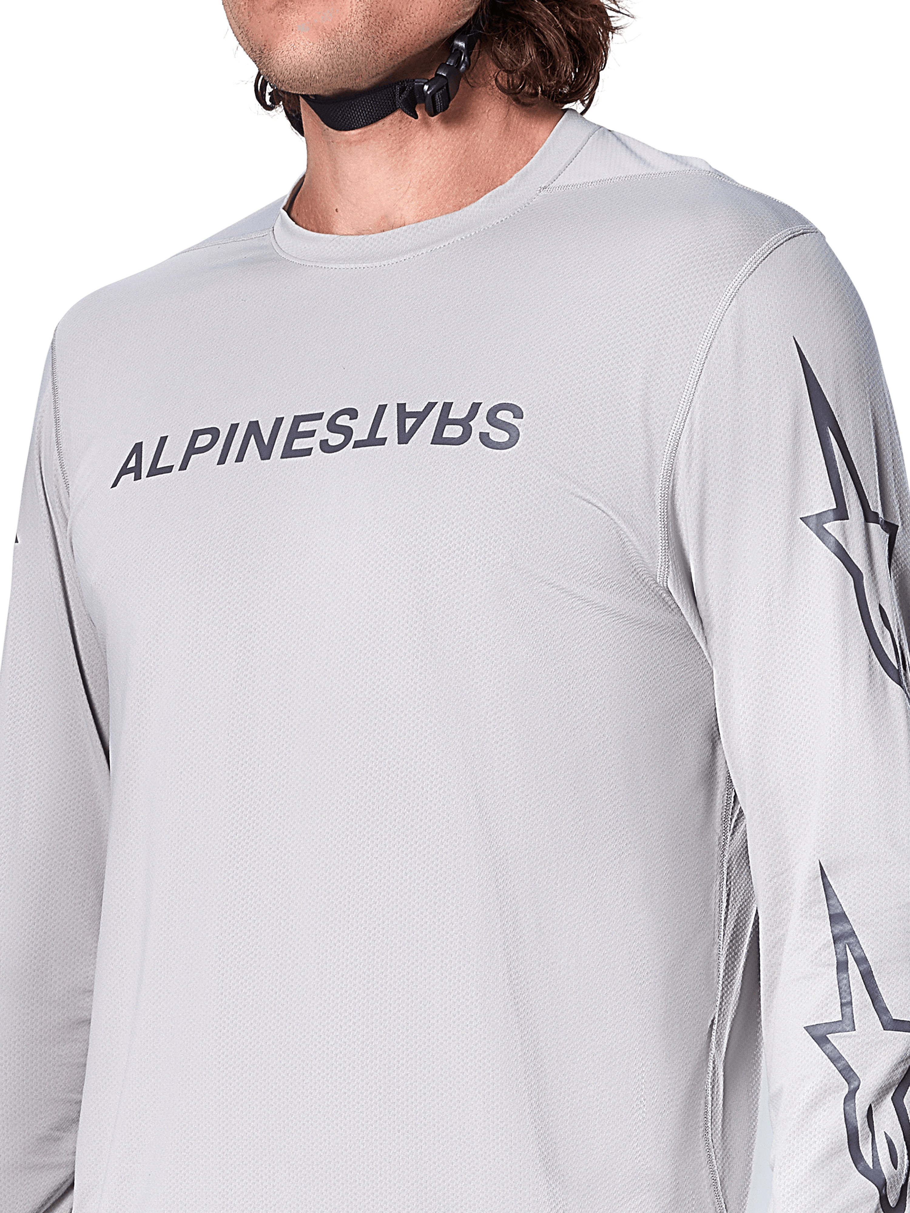 Alpinestars A-Dura Switch Jersey de manga larga, jersey de ciclismo de montaña gris claro con logotipo en el pecho y logo de estrella en la manga, textura jacquard transpirable, equipamiento de alto rendimiento para trail