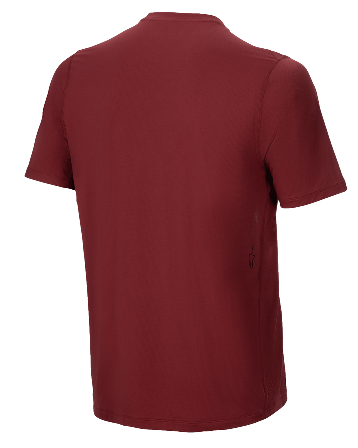 Jersey de manga corta Alpinestars A-Dura Switch, color granate, vista trasera, con dobladillo trasero más largo y un pequeño logotipo vertical de Alpinestars en el lateral inferior, prenda de alto rendimiento para ciclismo MTB.