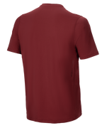 Jersey de manga corta Alpinestars A-Dura Switch, color granate, vista trasera, con dobladillo trasero más largo y un pequeño logotipo vertical de Alpinestars en el lateral inferior, prenda de alto rendimiento para ciclismo MTB.