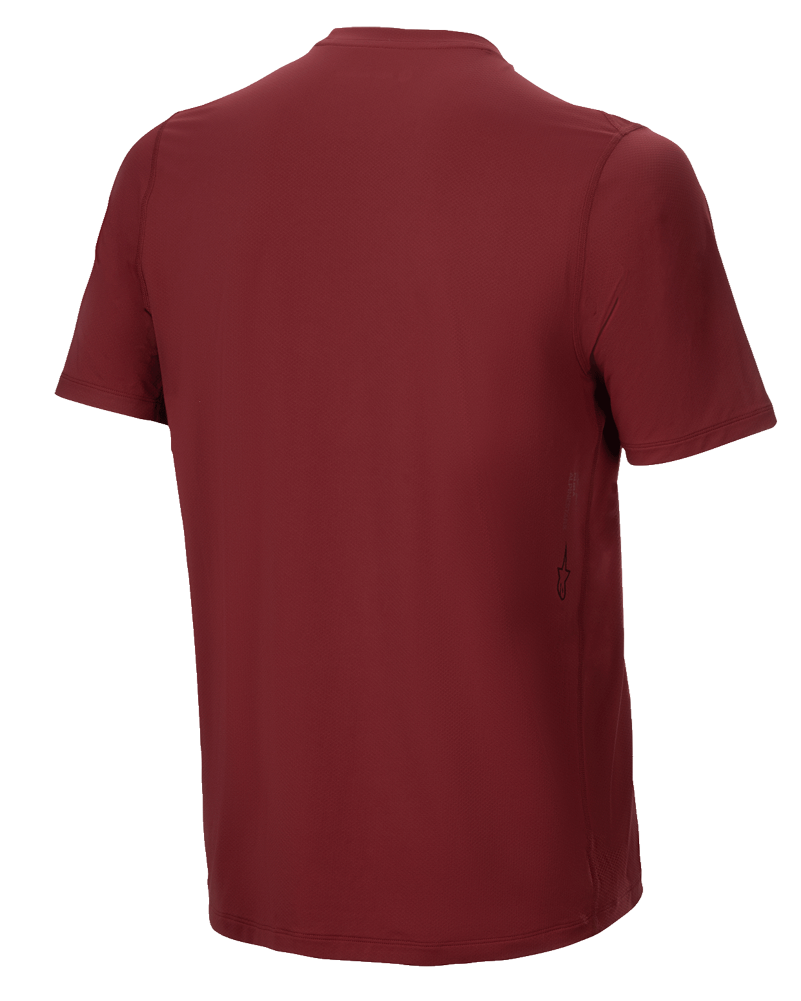 Jersey de manga corta Alpinestars A-Dura Switch, color granate, vista trasera, con dobladillo trasero más largo y un pequeño logotipo vertical de Alpinestars en el lateral inferior, prenda de alto rendimiento para ciclismo MTB.