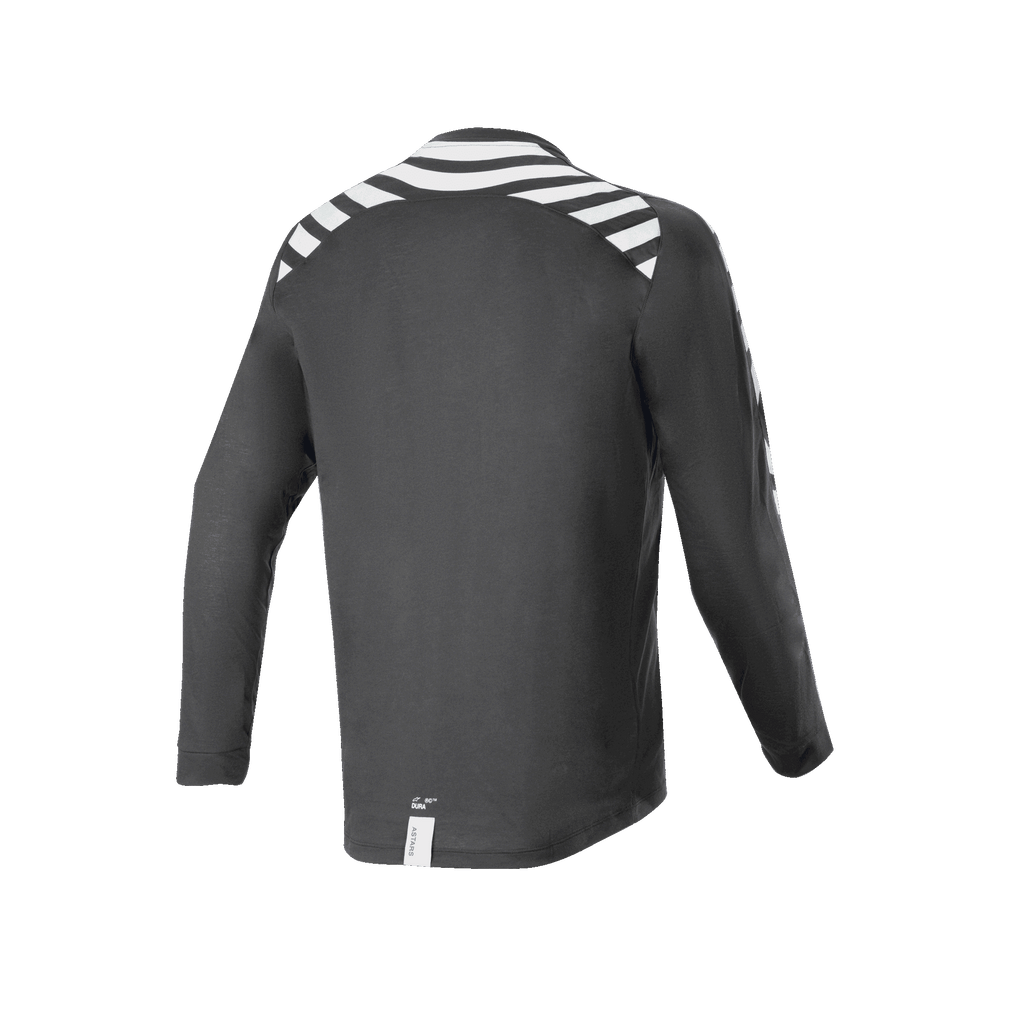 Jersey de manga larga Alpinestars A-Dura Dri Oscar, negro reflectante, vista trasera con franjas blancas reflectantes en hombros y brazos, tejido técnico reciclado drirelease, dobladillo trasero más largo para ciclismo de montaña