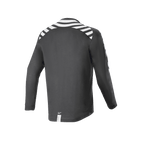 Jersey de manga larga Alpinestars A-Dura Dri Oscar, negro reflectante, vista trasera con franjas blancas reflectantes en hombros y brazos, tejido técnico reciclado drirelease, dobladillo trasero más largo para ciclismo de montaña