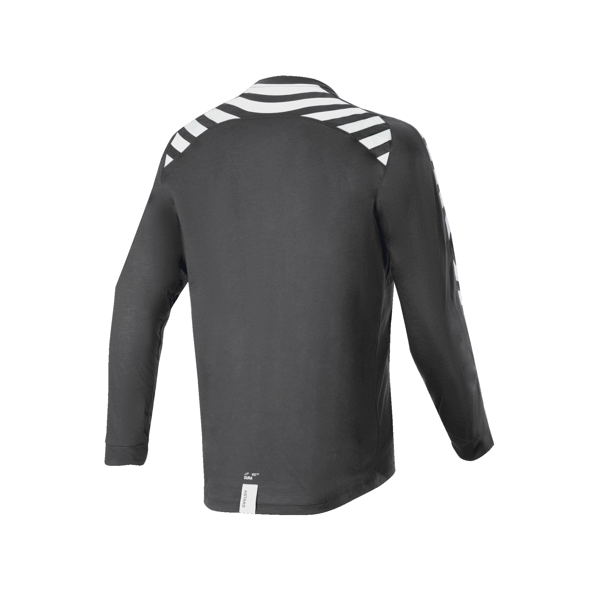 Jersey de manga larga Alpinestars A-Dura Dri Oscar, negro reflectante, vista trasera con franjas blancas reflectantes en hombros y brazos, tejido técnico reciclado drirelease, dobladillo trasero más largo para ciclismo de montaña