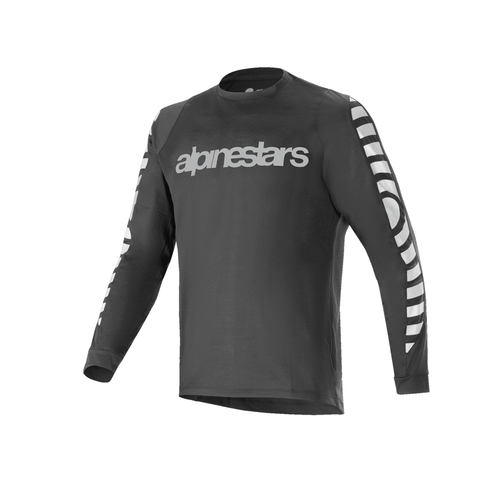 Jersey de manga larga Alpinestars A-Dura Dri Oscar, jersey de ciclismo, negro reflectante, con un gran logotipo plateado reflectante en el pecho y patrones gráficos en las mangas, ropa técnica de alto rendimiento para ciclismo de montaña