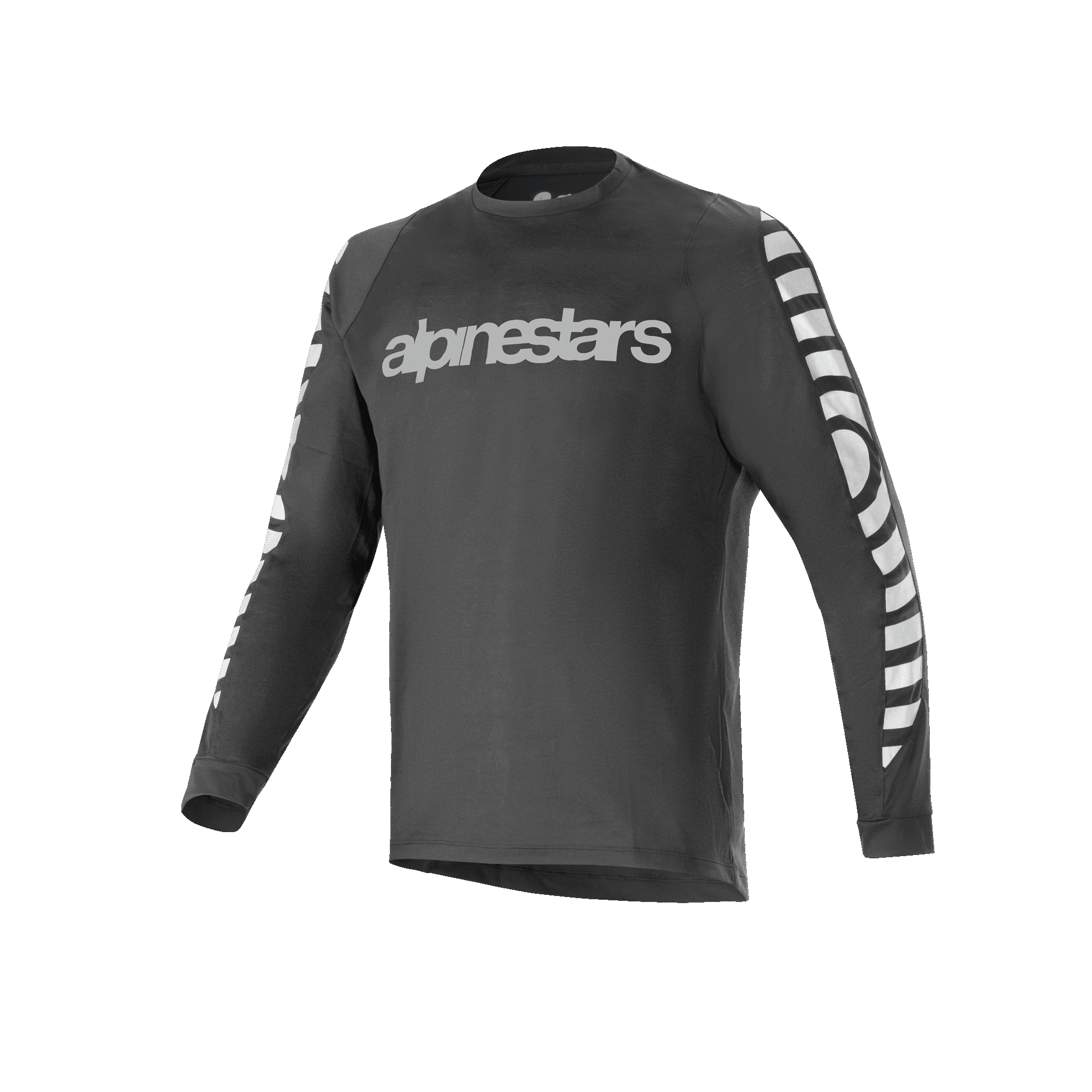 Jersey de manga larga Alpinestars A-Dura Dri Oscar, jersey de ciclismo, negro reflectante, con un gran logotipo plateado reflectante en el pecho y patrones gráficos en las mangas, ropa técnica de alto rendimiento para ciclismo de montaña