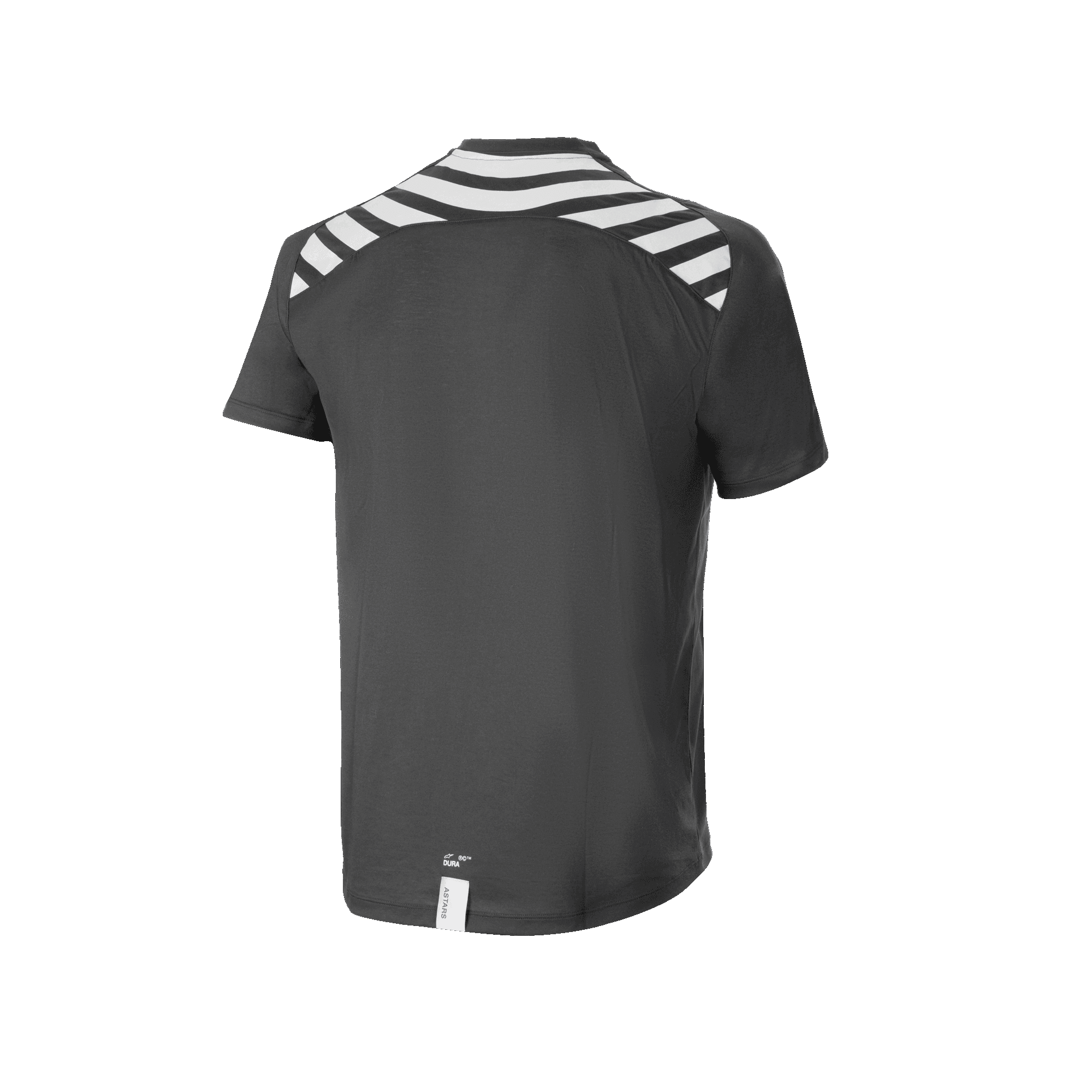 Jersey de manga corta Alpinestars A-Dura Dri Oscar, jersey de MTB, negro reflectante, vista trasera con franjas diagonales blancas en los hombros y la espalda, dobladillo con cola caída para mayor cobertura al pedalear