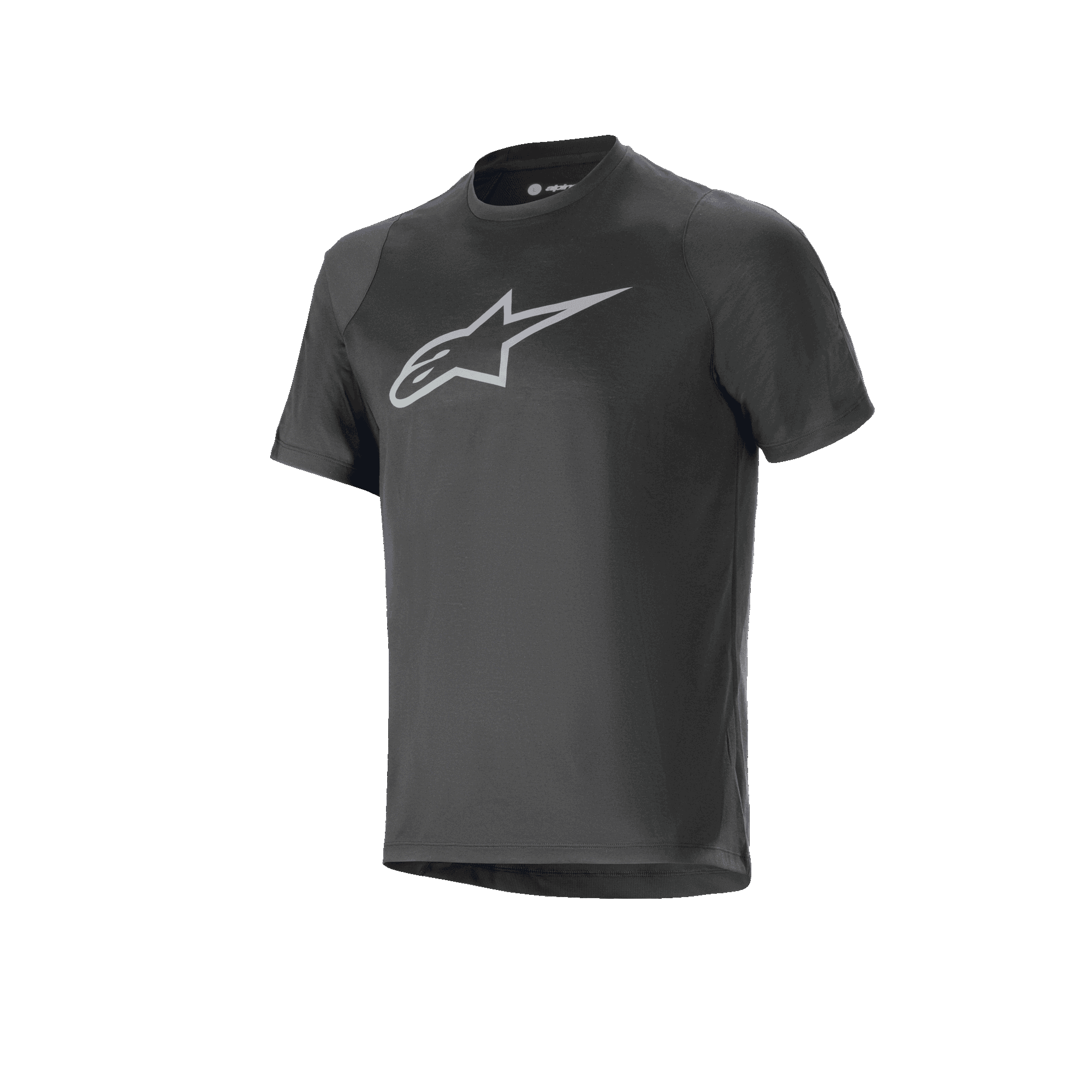 Jersey Alpinestars A-Dura Dri Oscar de manga corta, negro reflectante, con un gran logotipo plateado reflectante de Alpinestars en el pecho, jersey técnico de ciclismo de montaña de ajuste regular