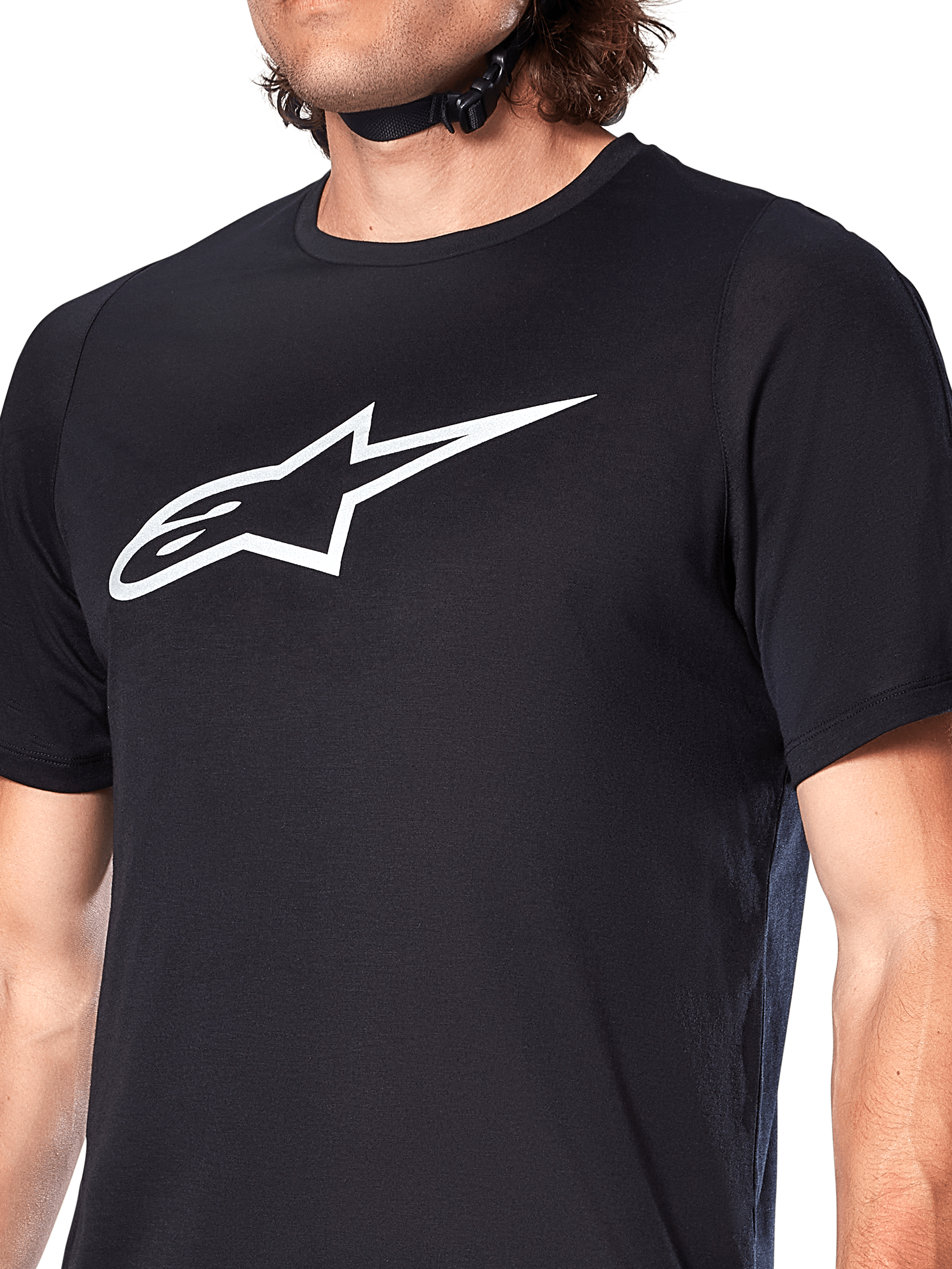 Jersey Alpinestars A-Dura Dri Oscar, jersey de MTB de manga corta, negro reflectante, con un gran logotipo blanco de Alpinestars en el pecho, tejido técnico que absorbe la humedad para ciclismo de montaña