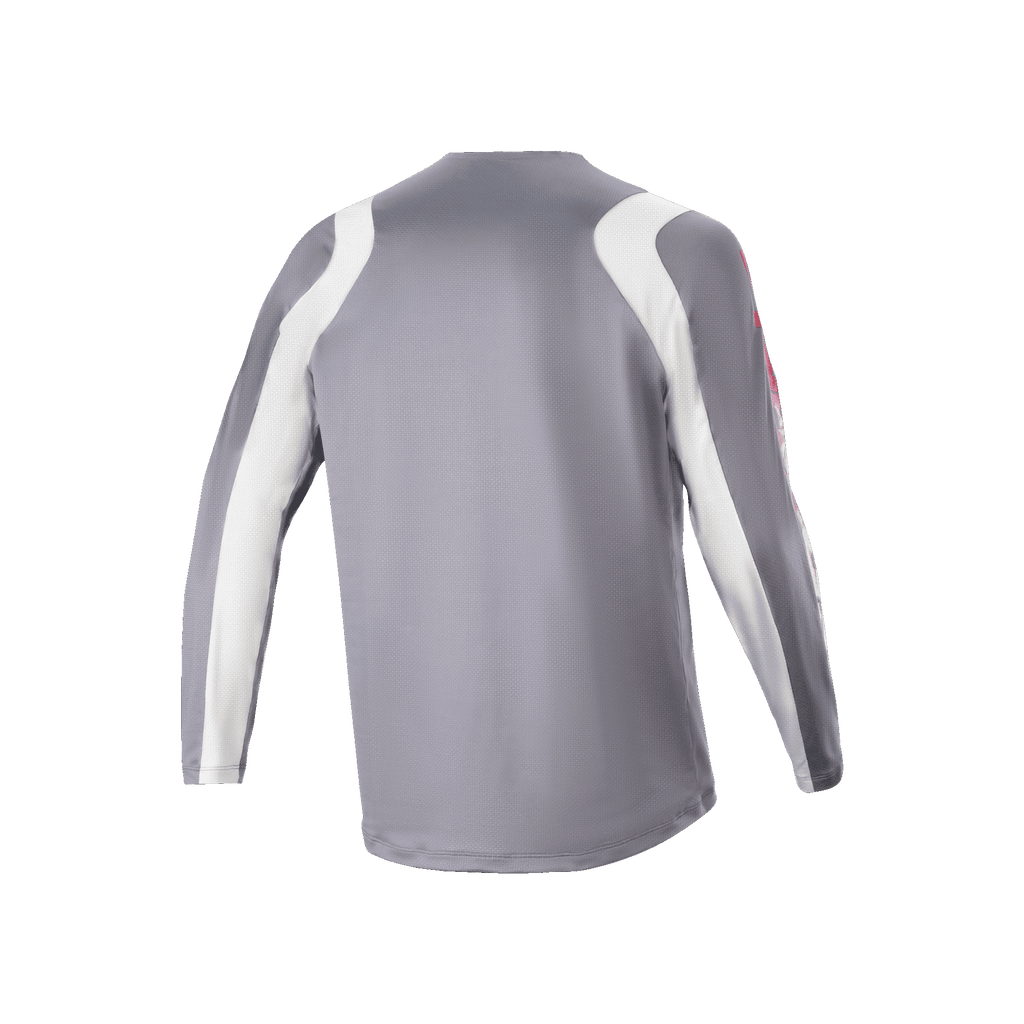 Jersey de manga larga Alpinestars A-Supra Astar, gris oscuro y blanco, vista posterior que muestra la textura de malla ventilada y la cola extendida, equipamiento de ciclismo de alto rendimiento para MTB