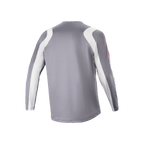 Jersey de manga larga Alpinestars A-Supra Astar, gris oscuro y blanco, vista posterior que muestra la textura de malla ventilada y la cola extendida, equipamiento de ciclismo de alto rendimiento para MTB